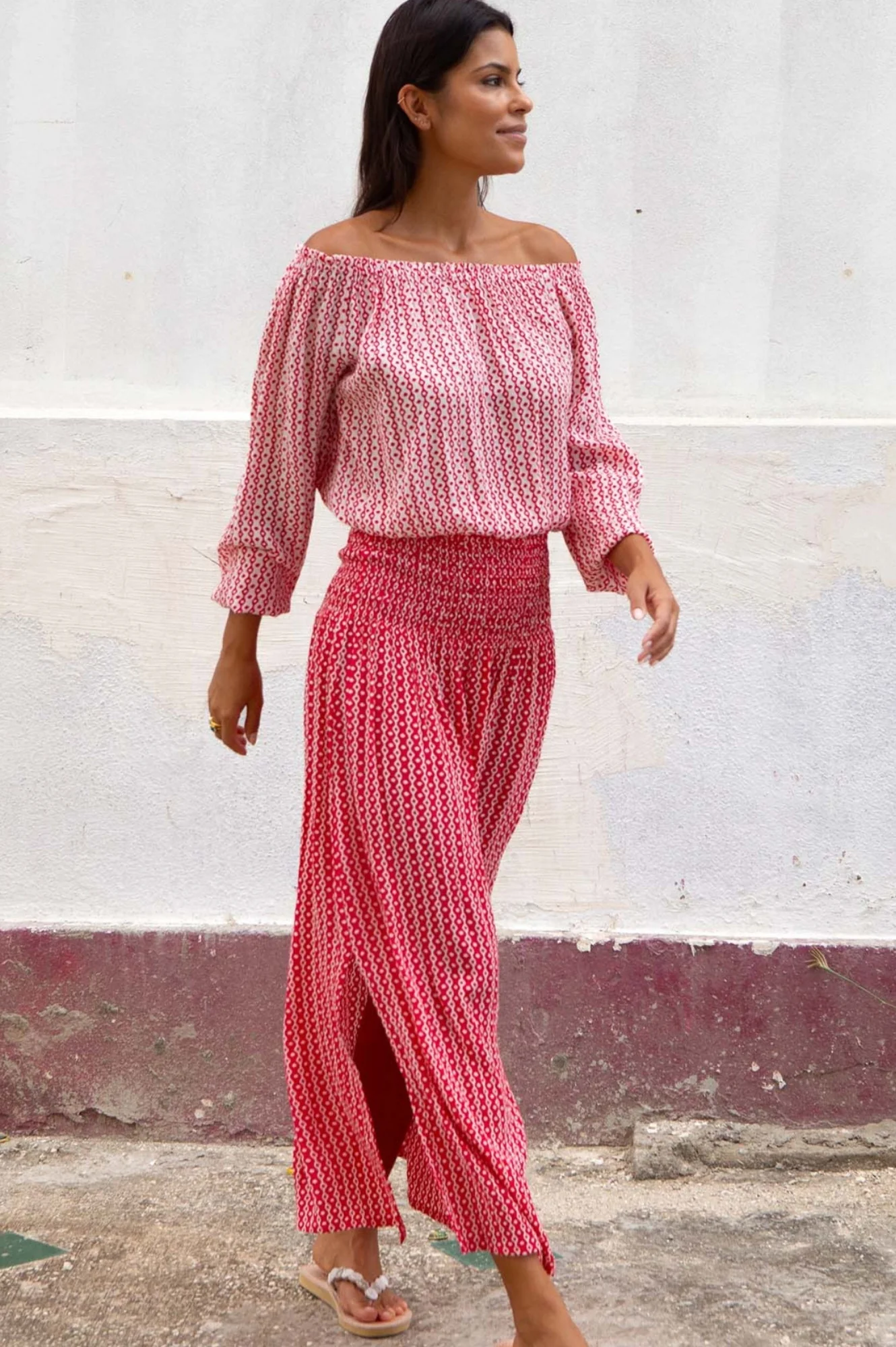 Ilana Long Sleeve Frill Top | Santorini White/Red