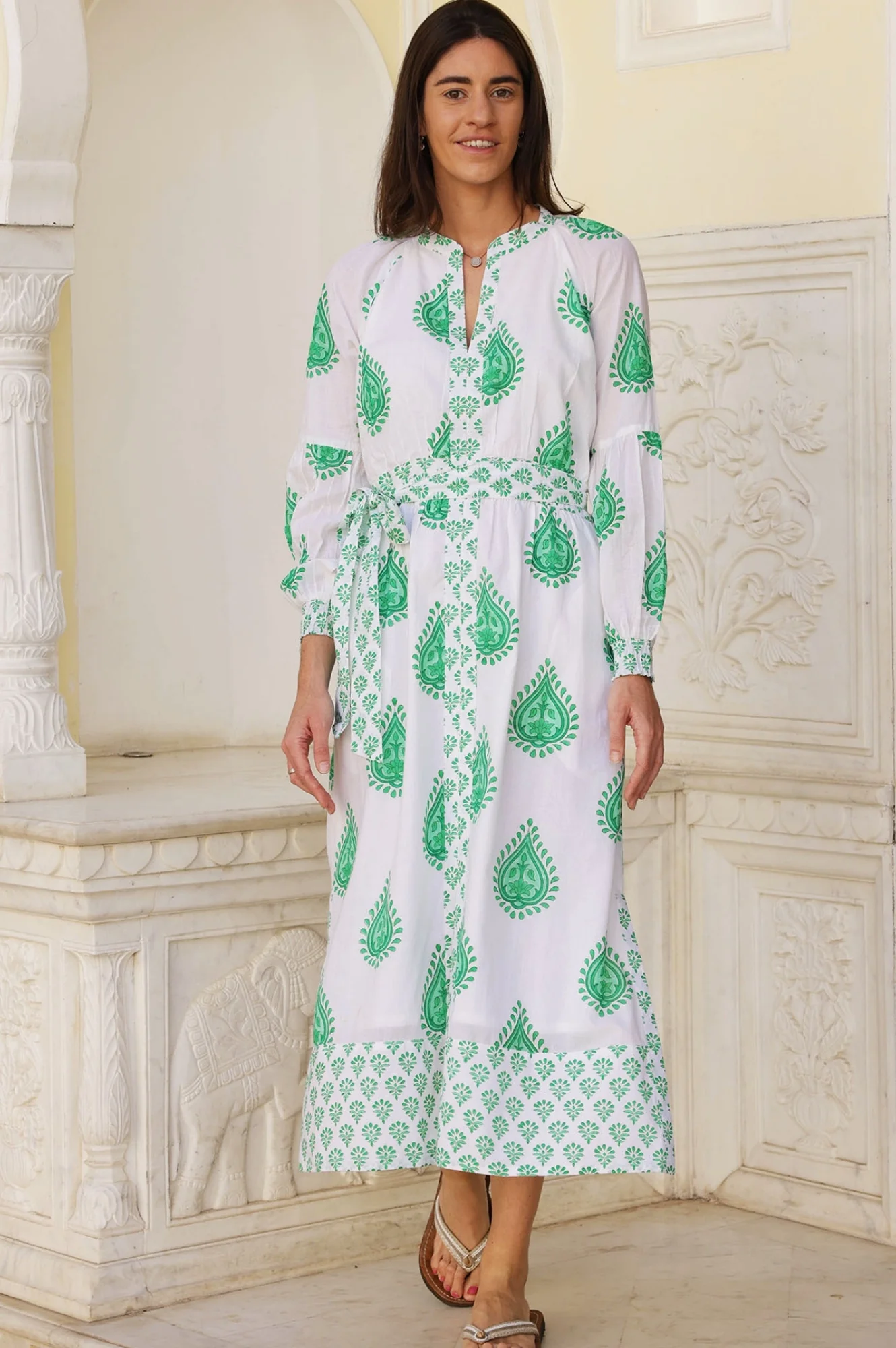 Cara Block Print Dress | Wild Flower Buta Green