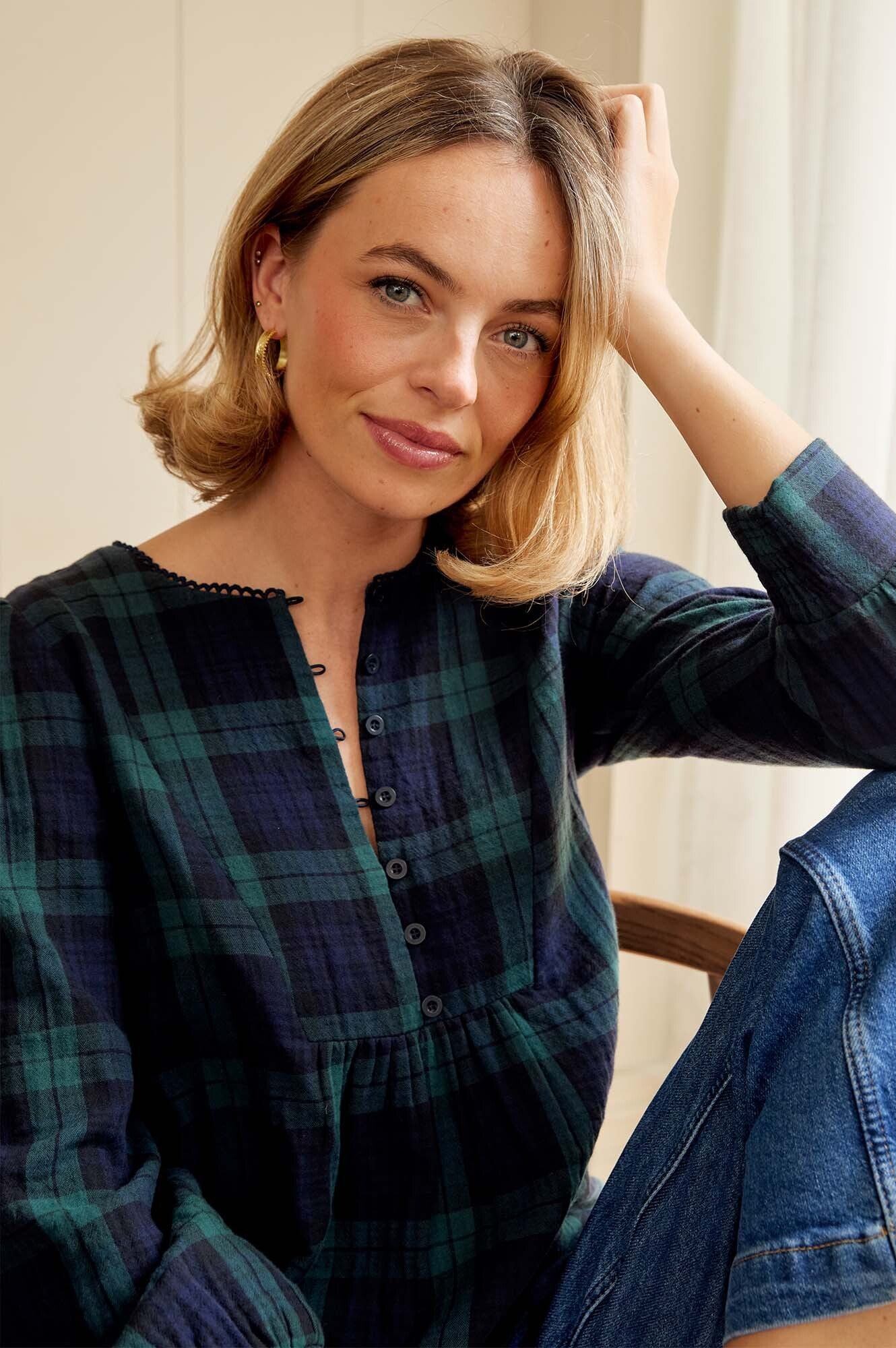 Checked Double Cloth Organic Cotton Blouse | Navy/Green