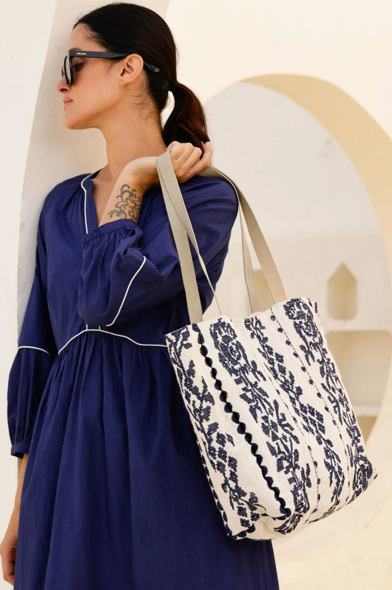 Paros Jute Bag | White/Navy