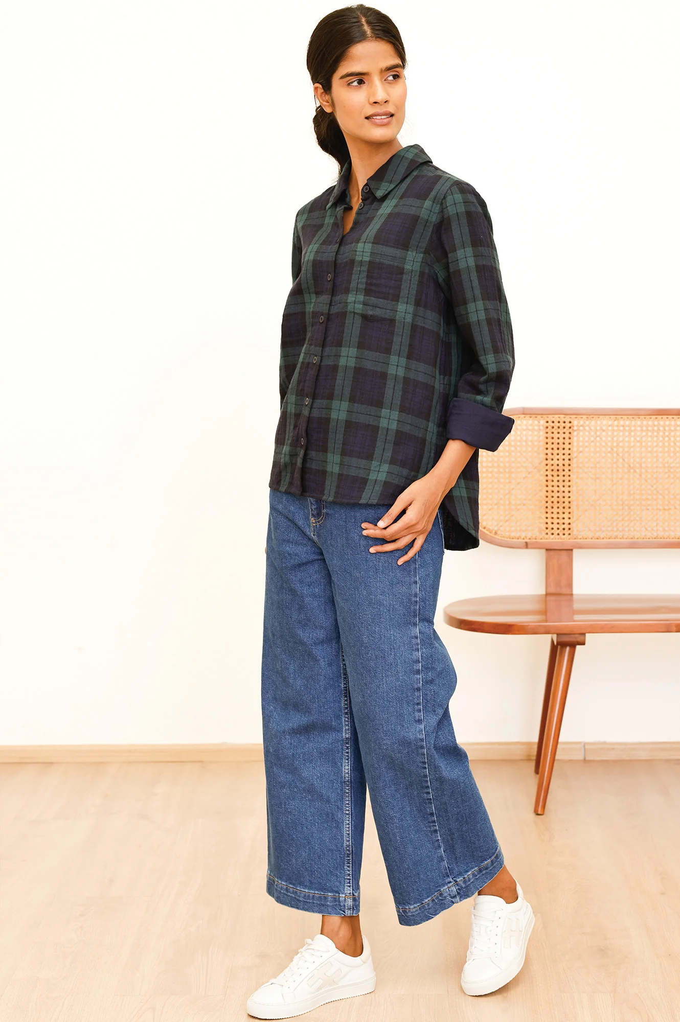 Mel Checked Double Cloth Organic Cotton Shirt | Navy/Green