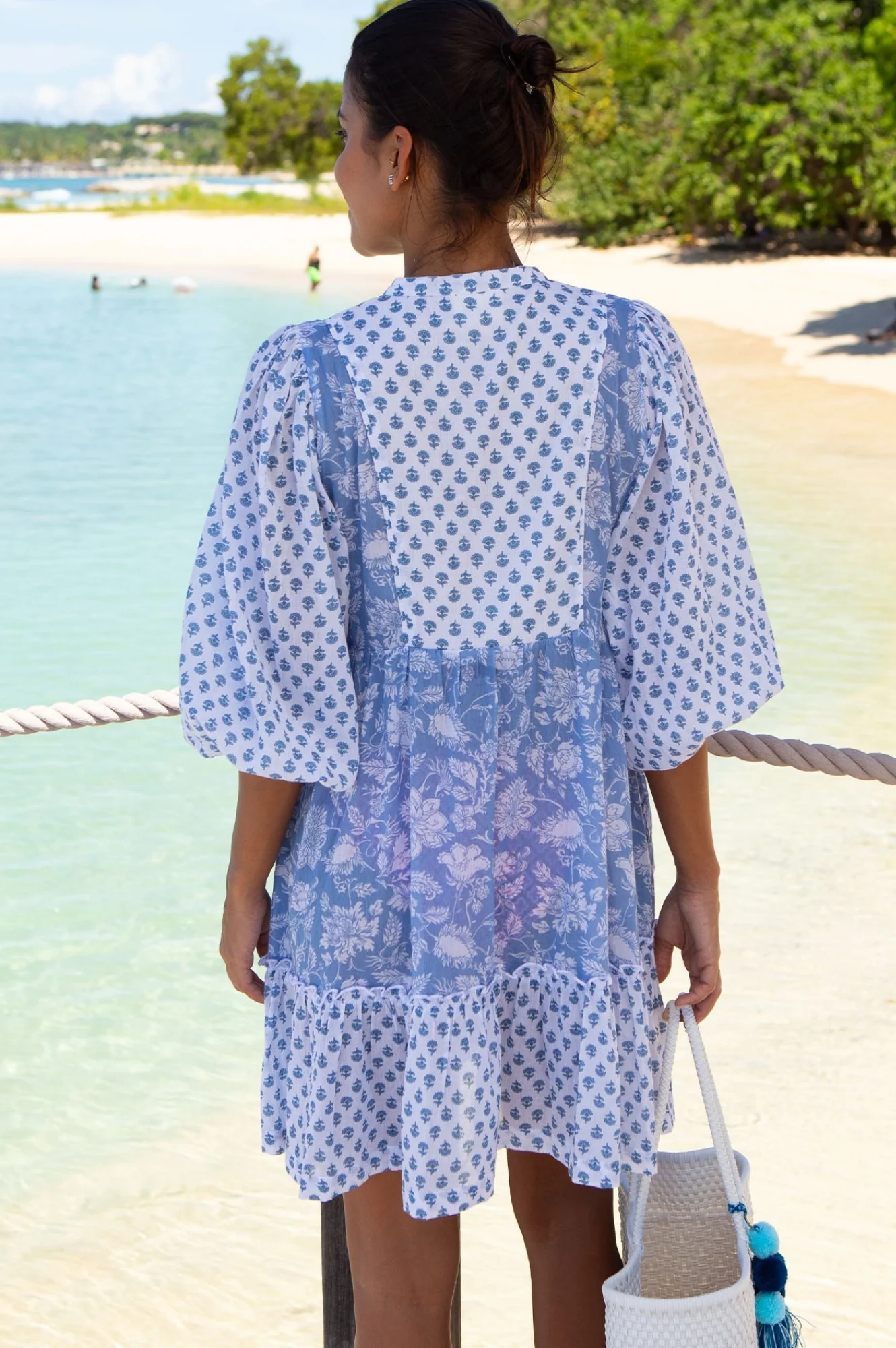 Marina Organic Cotton Print Mix Dress | Blossom Print Blue/White
