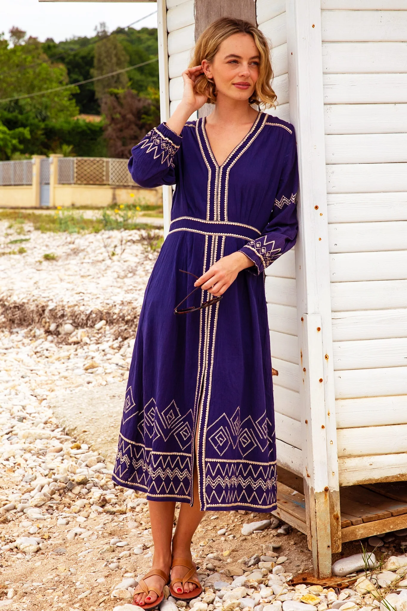 Jamila Embroidered Dress | Navy/Gold