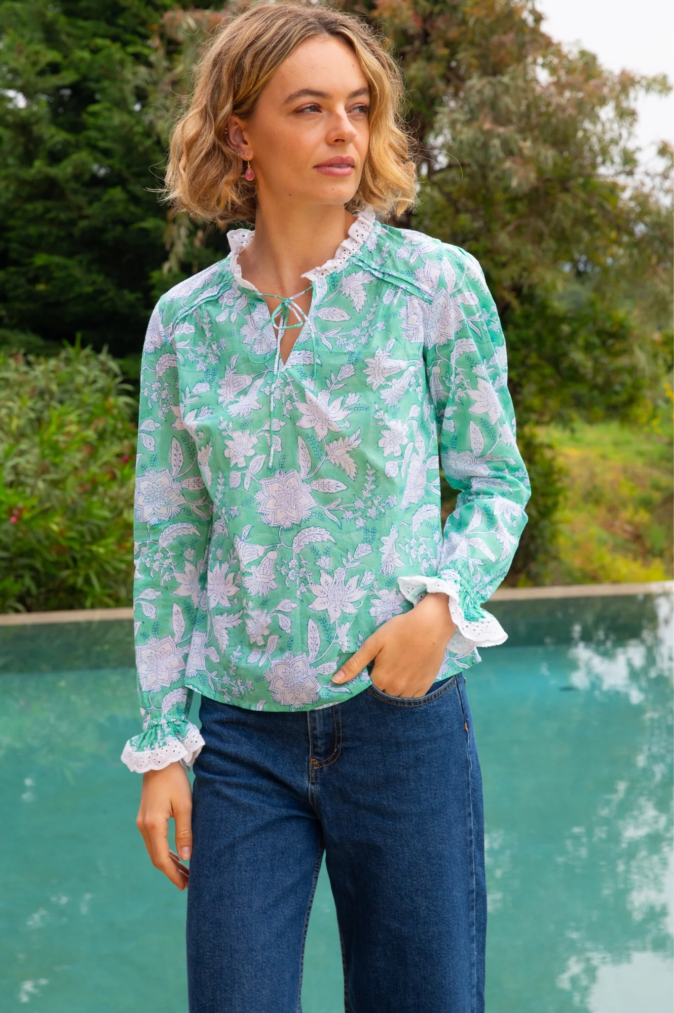 Rosie Organic Cotton Block Print Blouse | Lotus Green/Blue