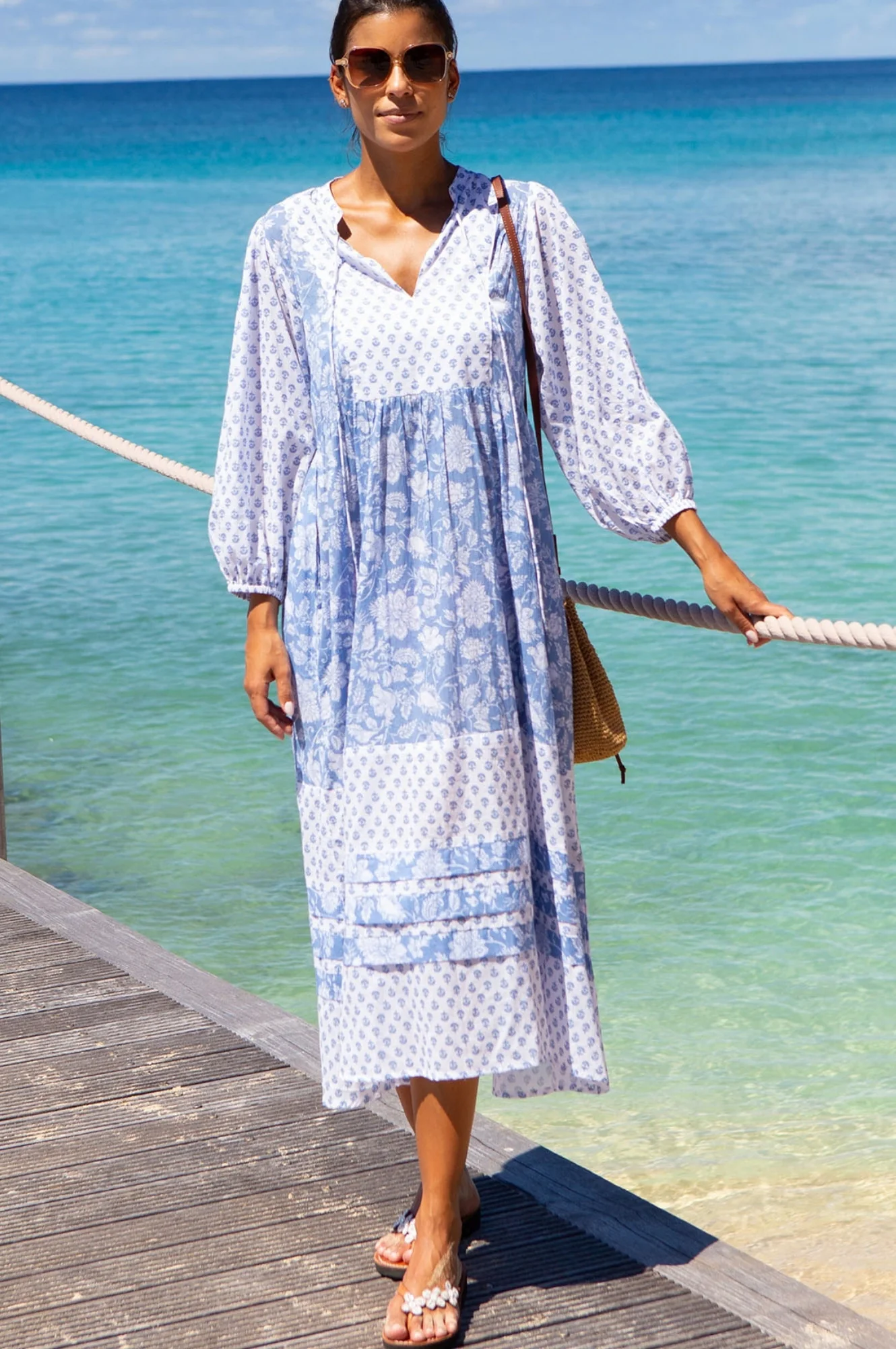 Martha Organic Cotton Print Mix Dress | Blossom Print Blue/White