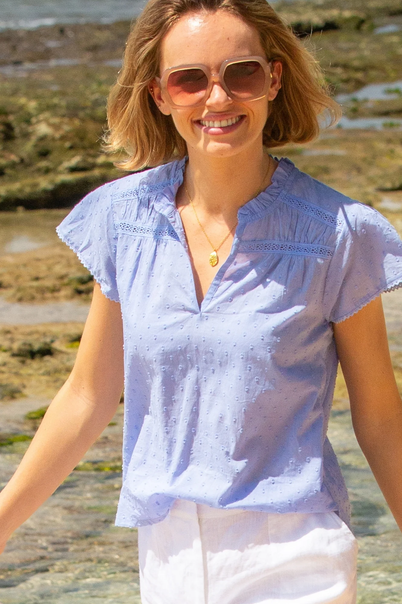 Vanya Organic Cotton Dobby Blouse | Baby Blue