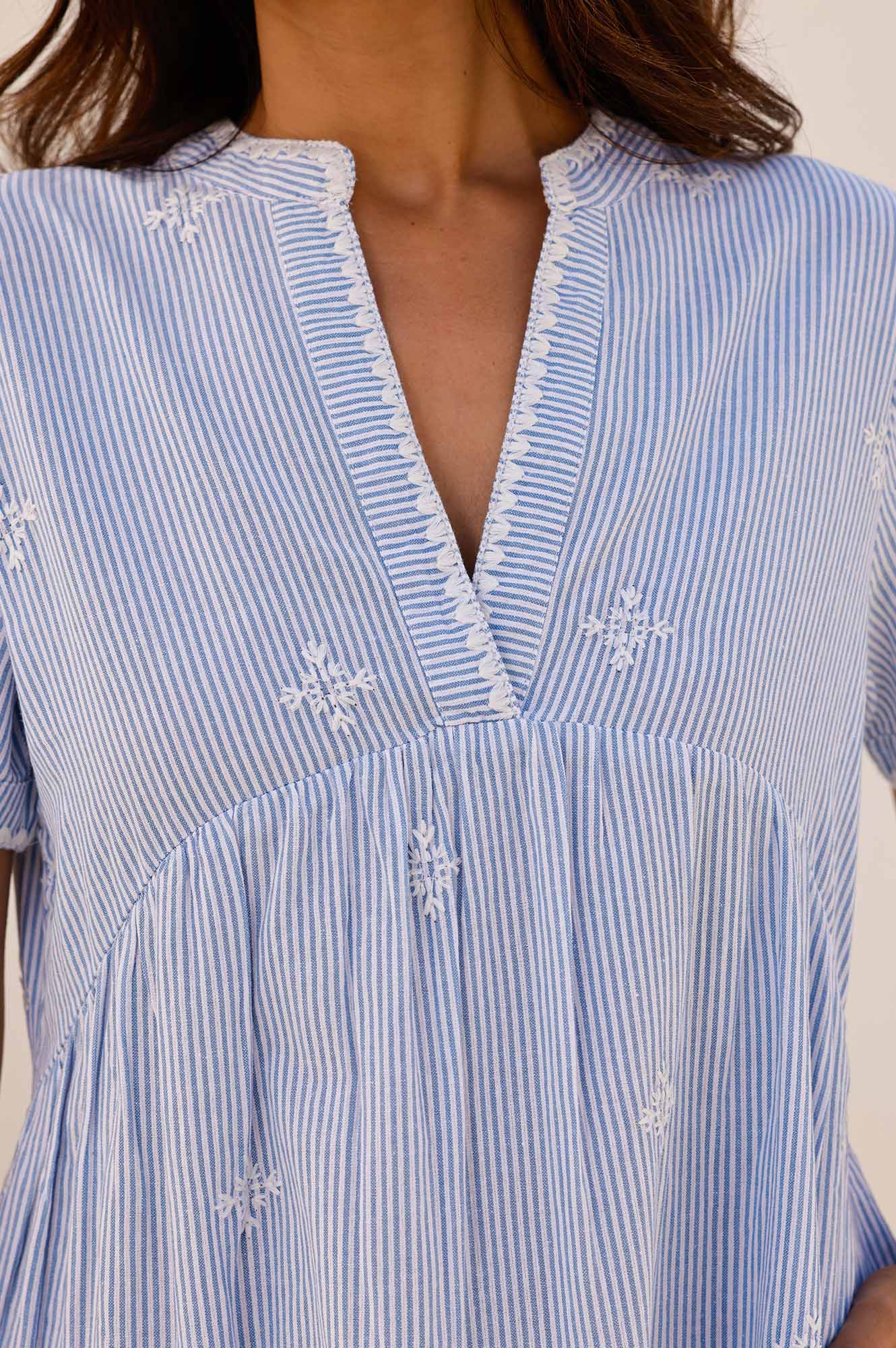 India Embroidered Organic Cotton Dress | Stripe Blue/White