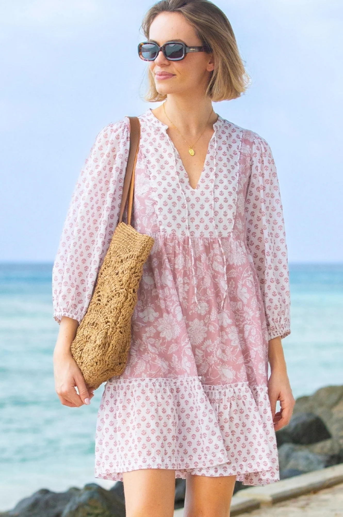 Marina Organic Cotton Print Mix Dress | Blossom Print Dusty Pink/White