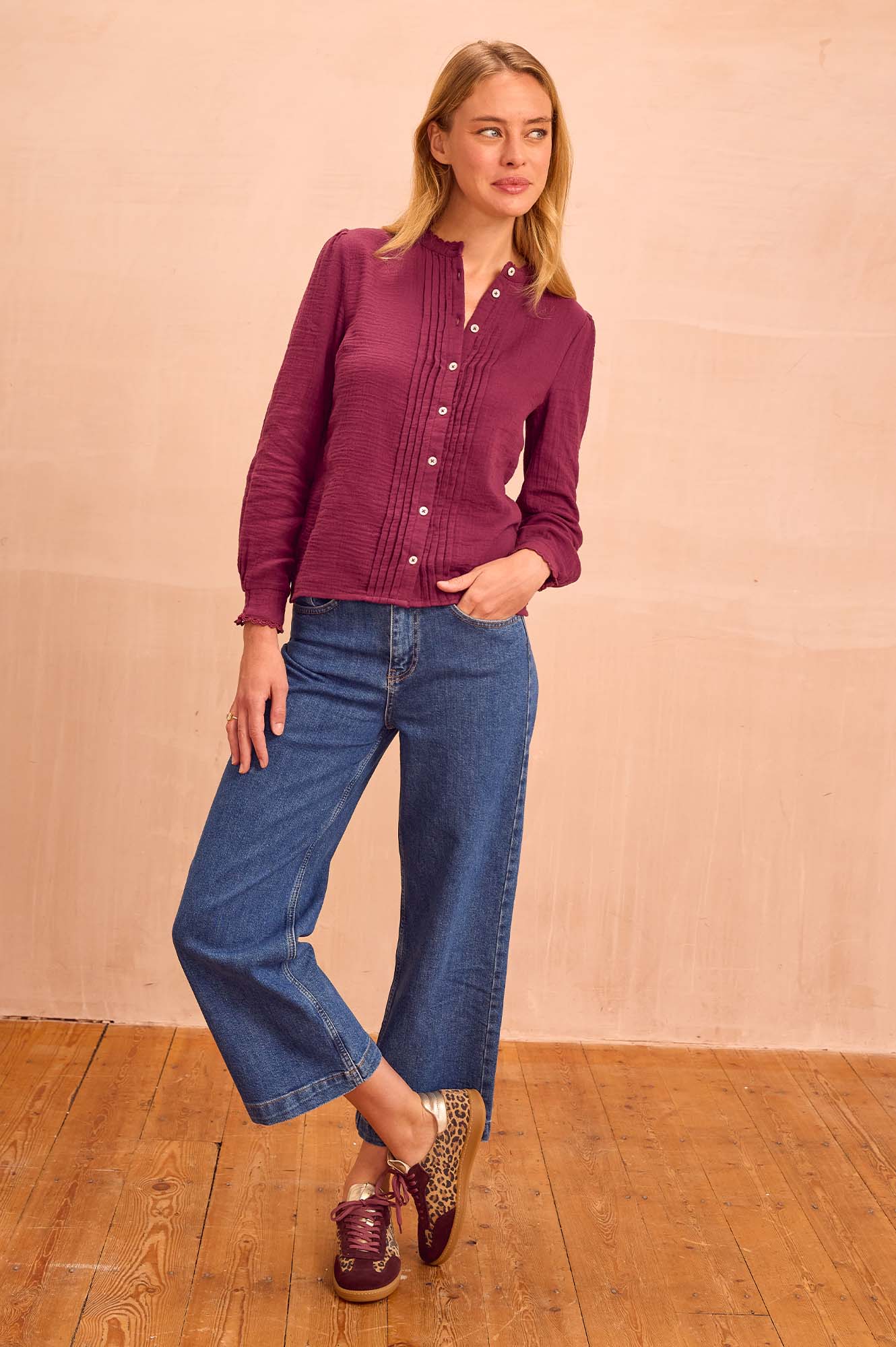 Holly Pin Tuck Organic Cotton Cheesecloth Long Sleeve Blouse | Berry