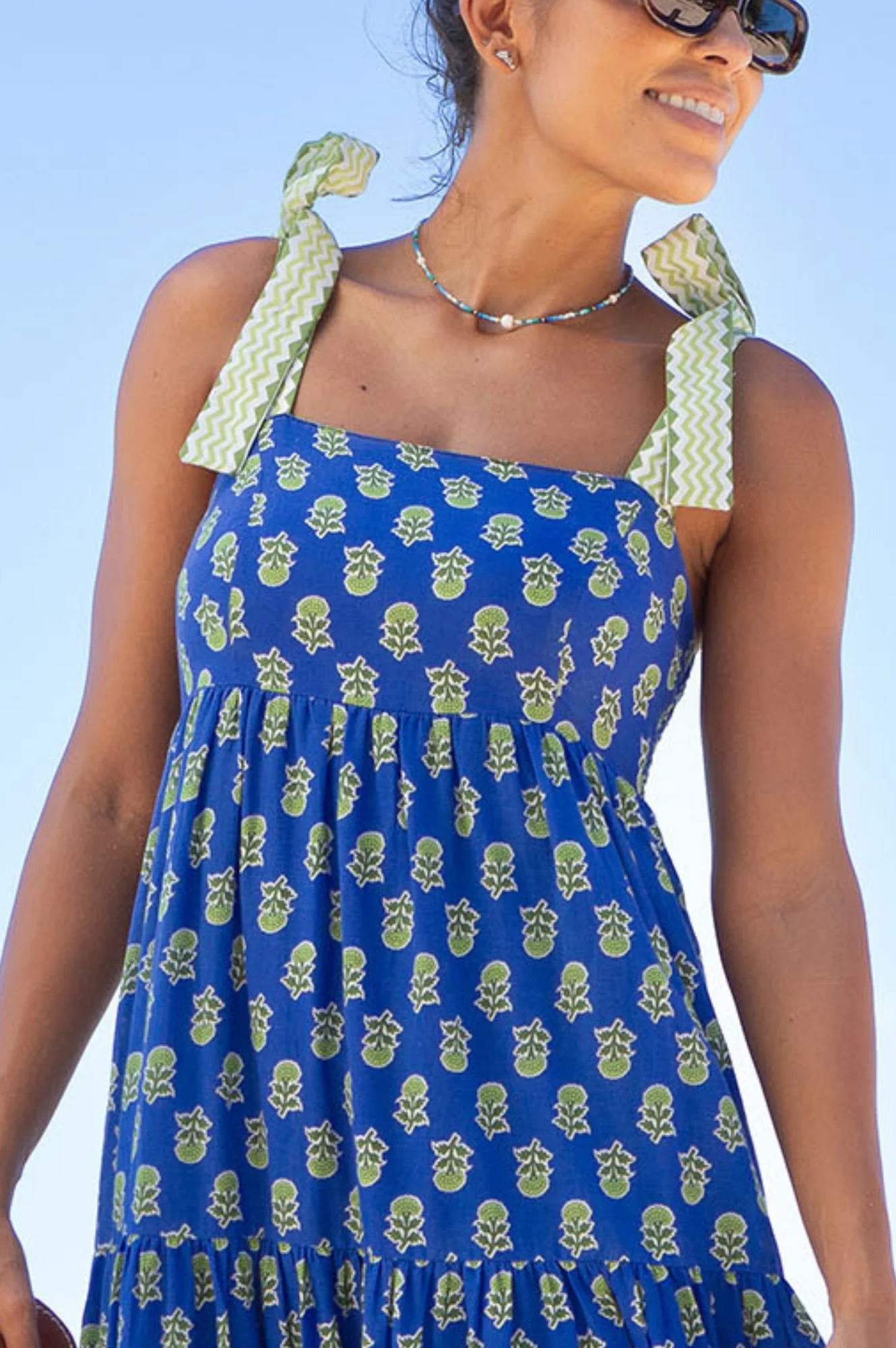 Tabitha Printed Organic Cotton Dress | Odisha Print Blue/Green