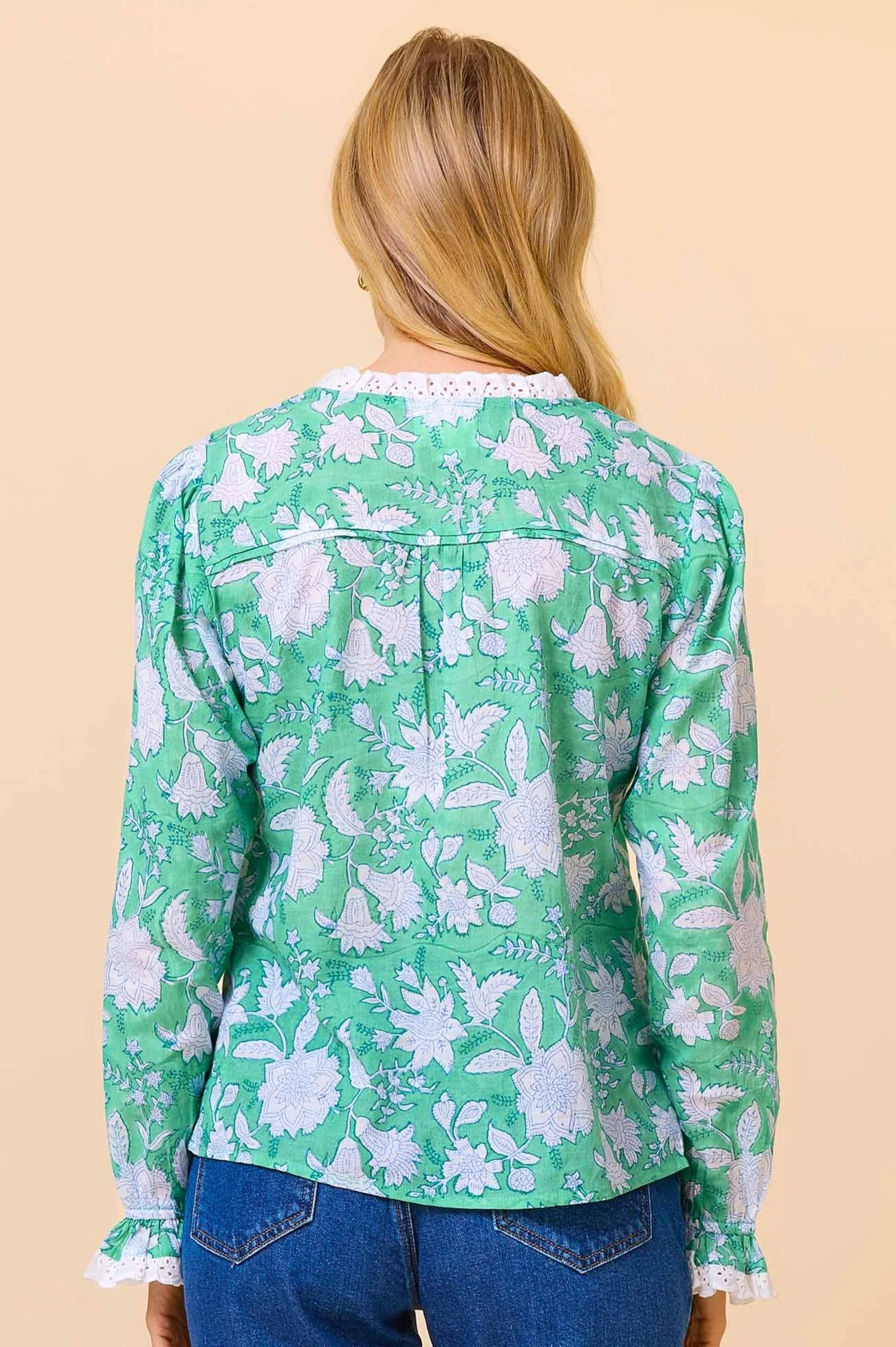 Rosie Organic Cotton Block Print Blouse | Lotus Green/Blue