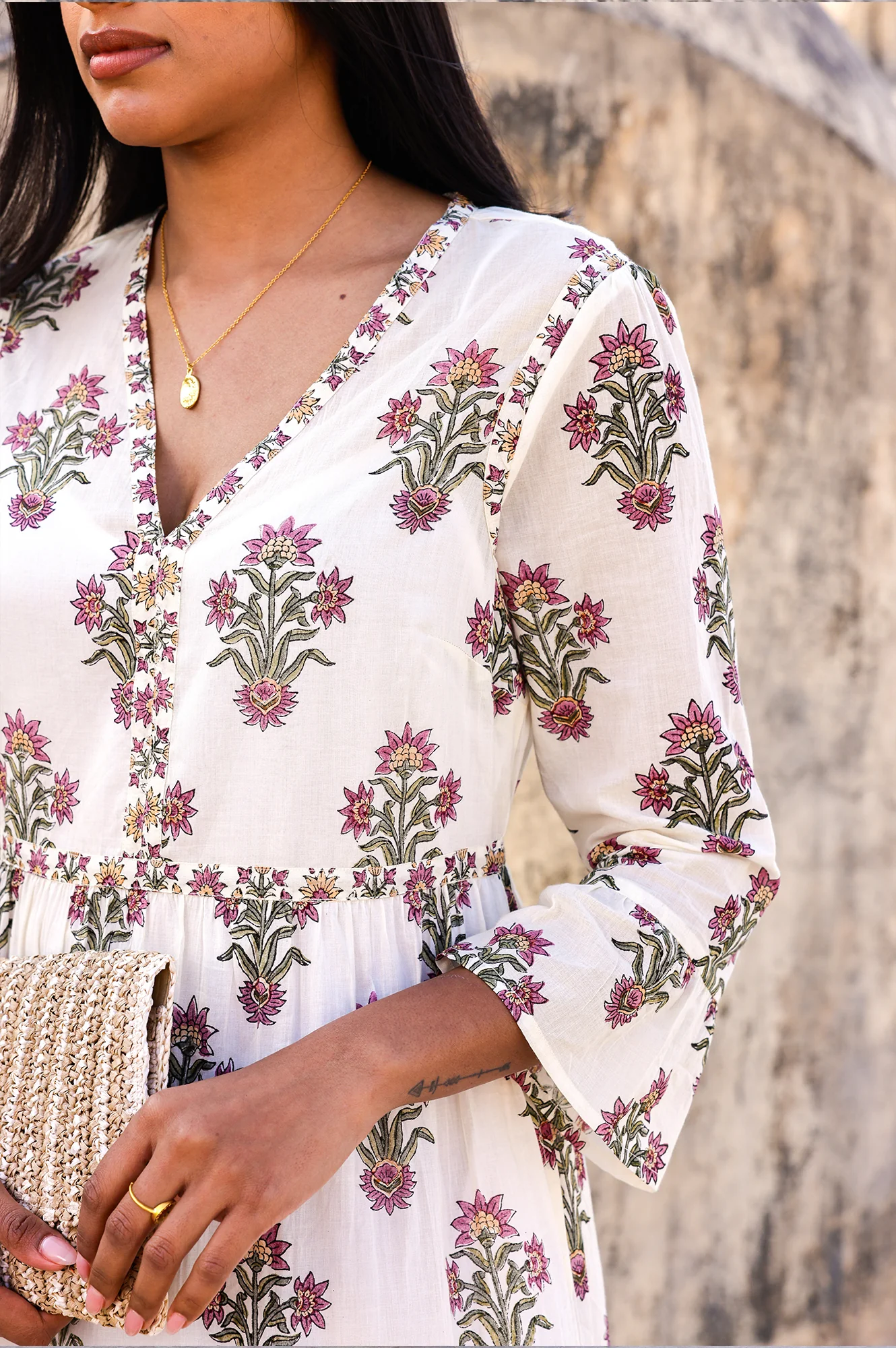 Hayden Organic Cotton Block Print Dress | Antique Wildflower Cream/Red/Green