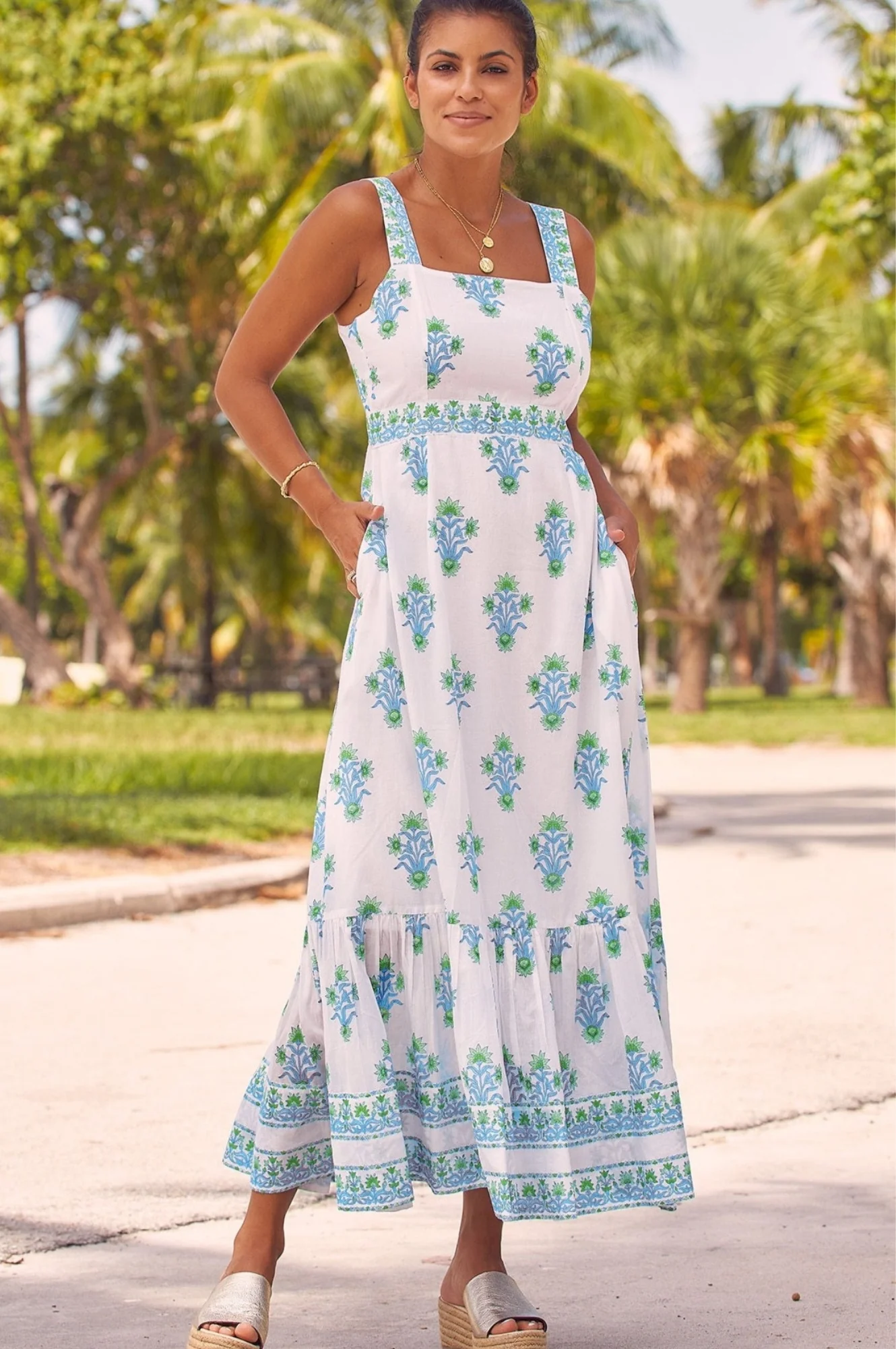 Aurelia Block Print Dress | White/Blue