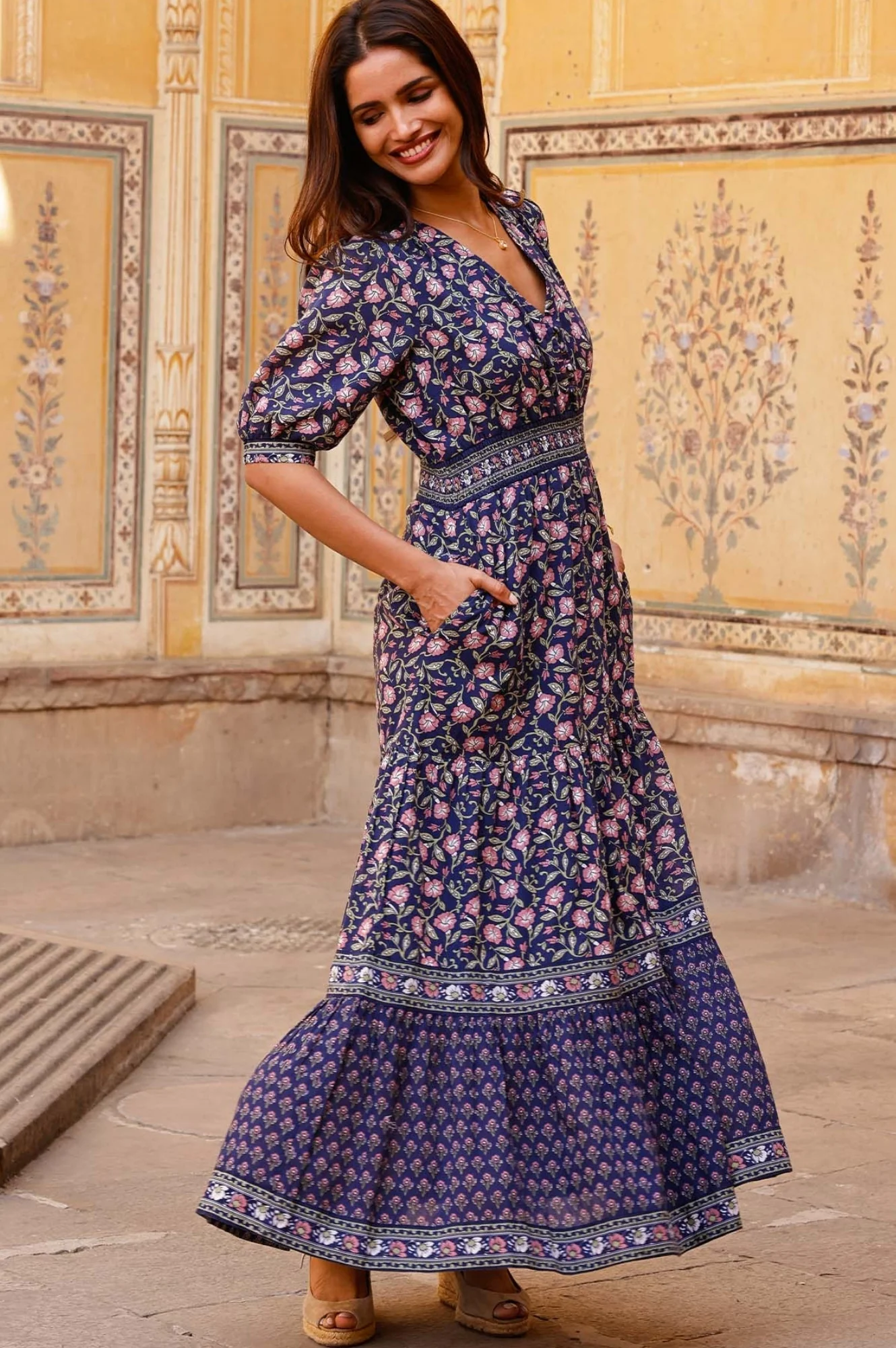 Billie Short Sleeve Organic Cotton Dress | Primrose Stamp Navy/Pink