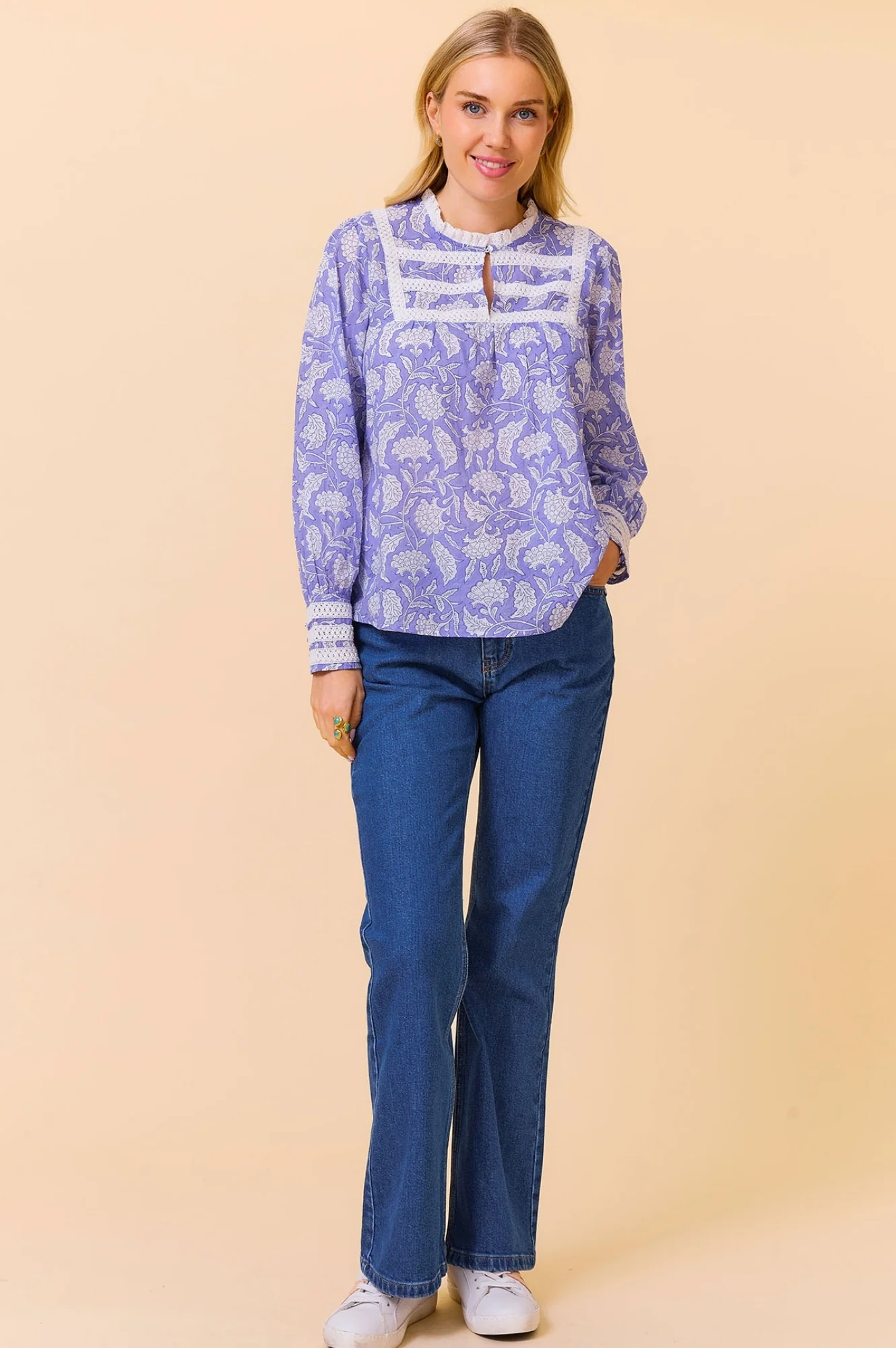 Margot Organic Cotton Block Print Blouse | Iris Blue/White