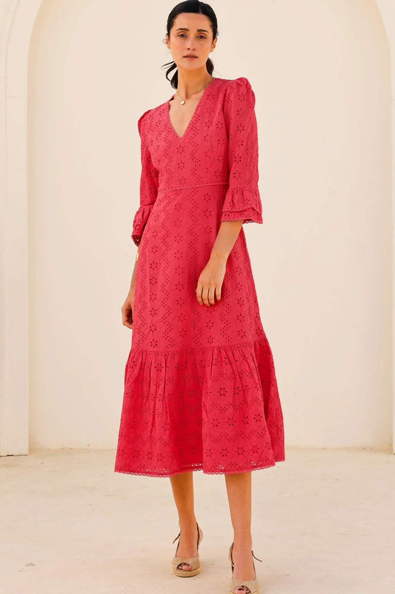 Victoria Cotton Broderie Dress | Red