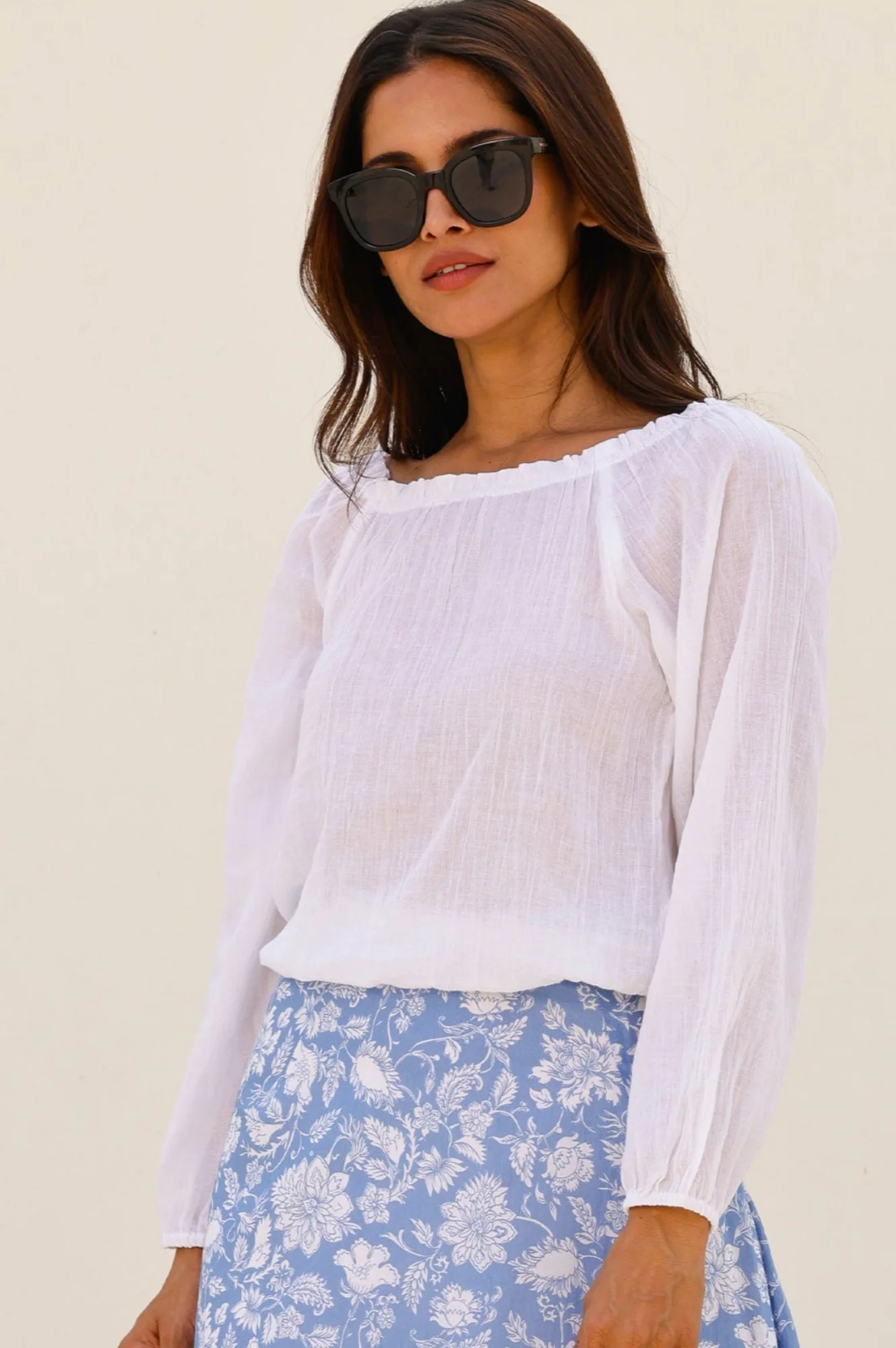 Ilana Long Sleeve Frill Organic Cotton Gauze Top | White