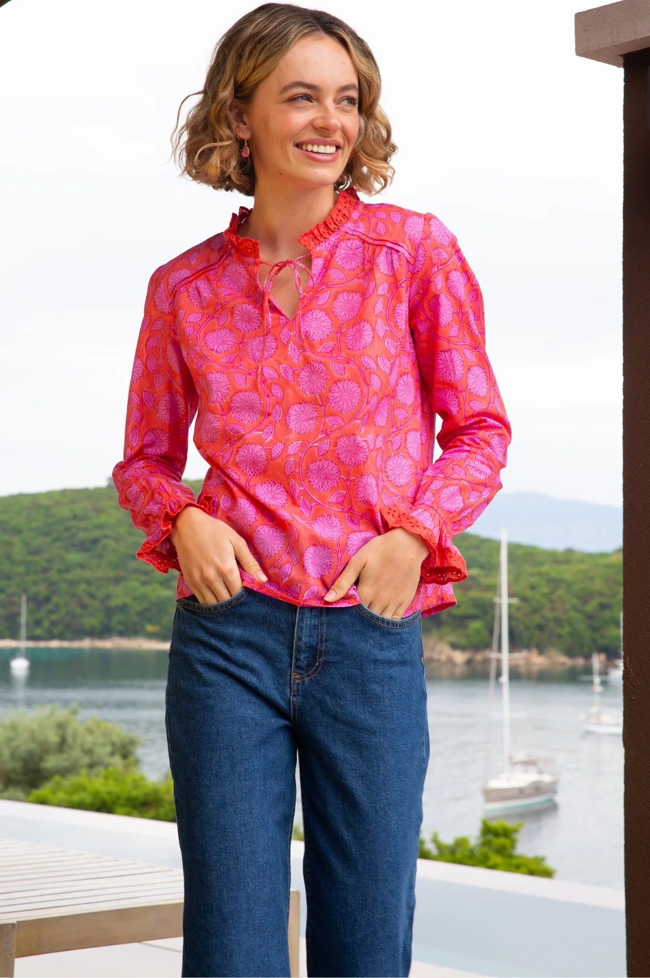 Rosie Organic Cotton Block Print Blouse | Lotus Red/Pink