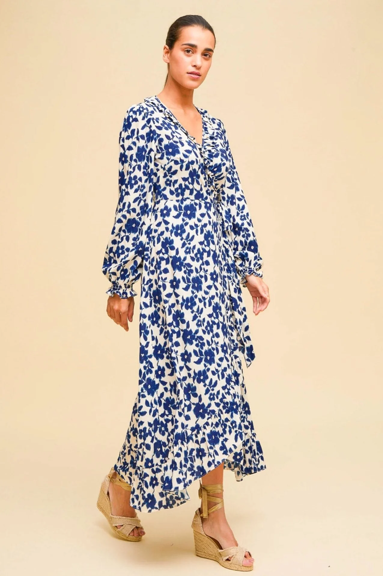 Demi Long Sleeve EcoVero Wrap Dress | Blossom Cream/Navy