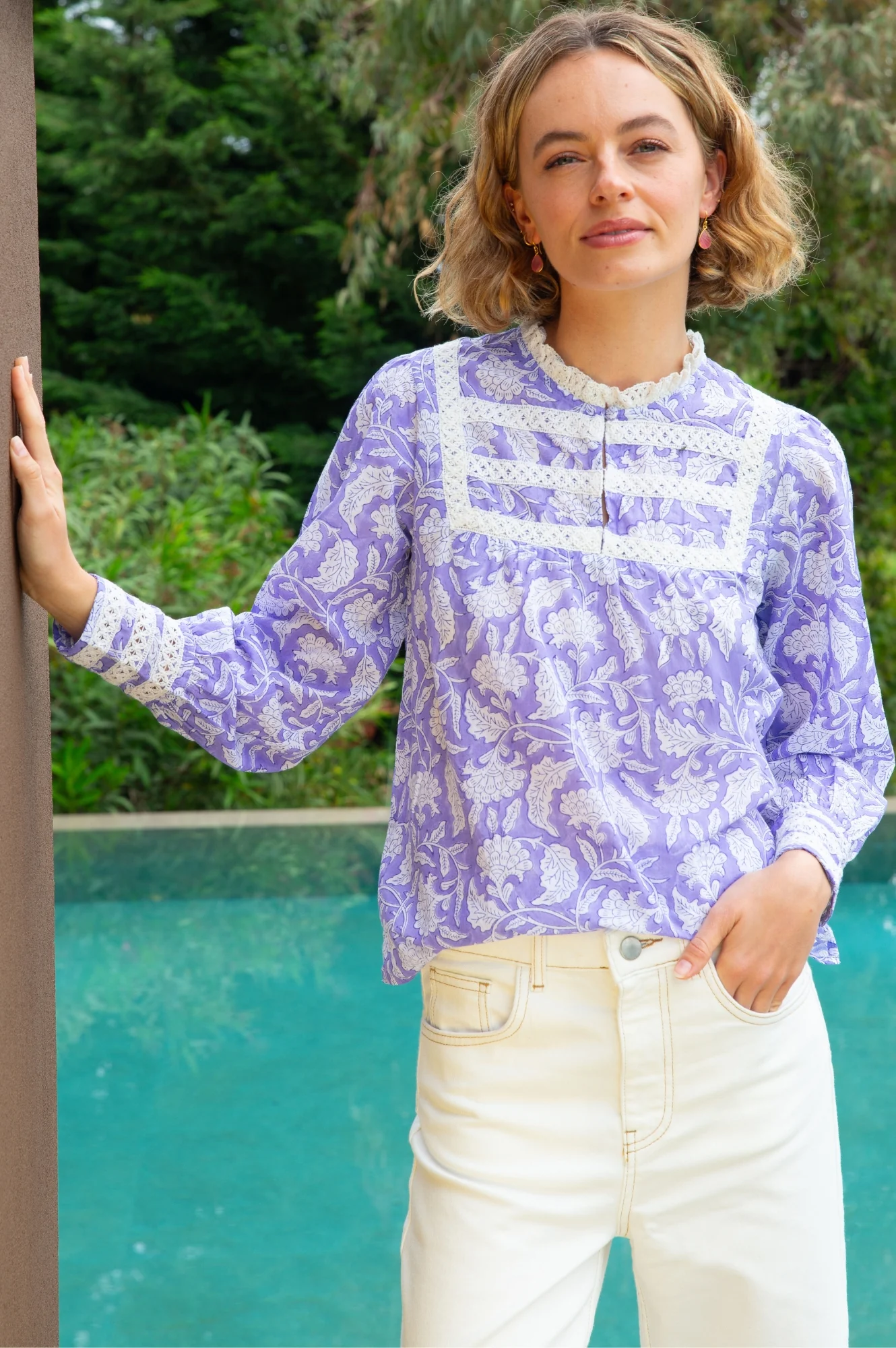 Margot Organic Cotton Block Print Blouse | Iris Blue/White