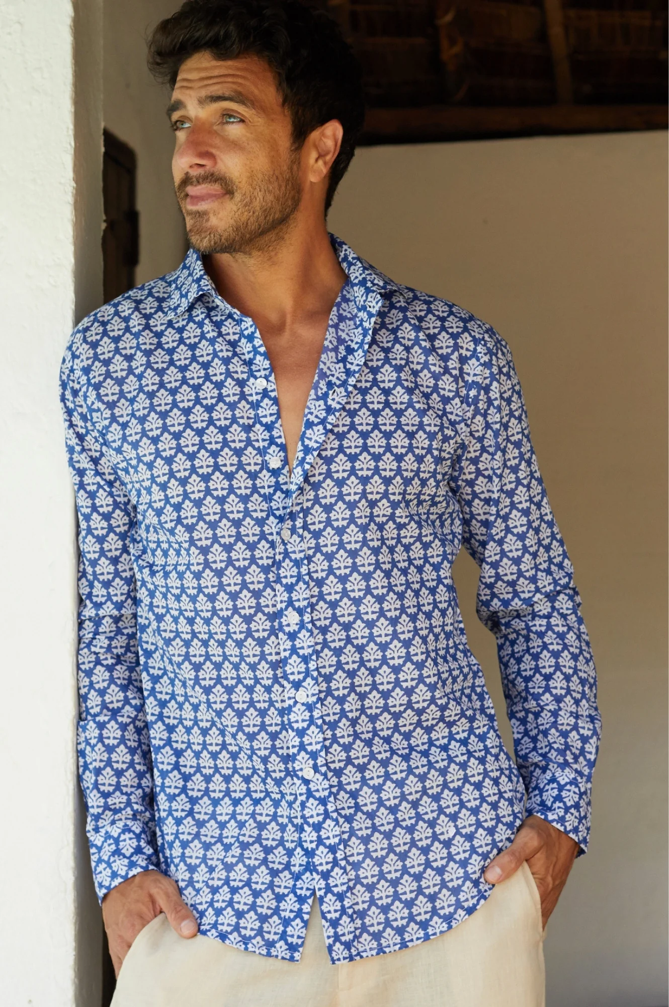 Men's Printed Cotton Shirt | Batik Blue/White