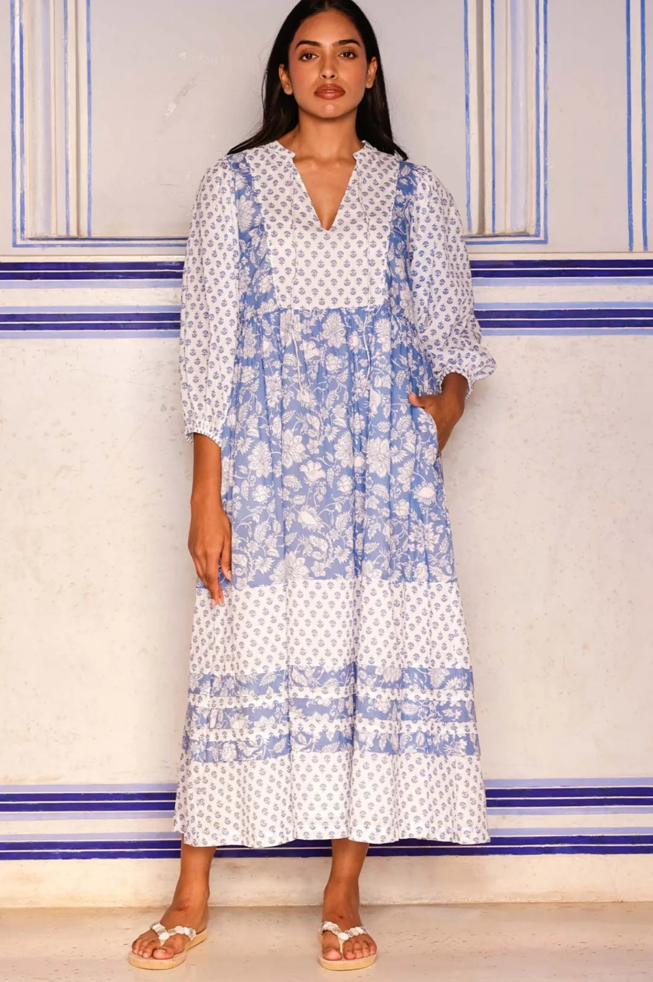 Martha Organic Cotton Print Mix Dress | Blossom Print Blue/White