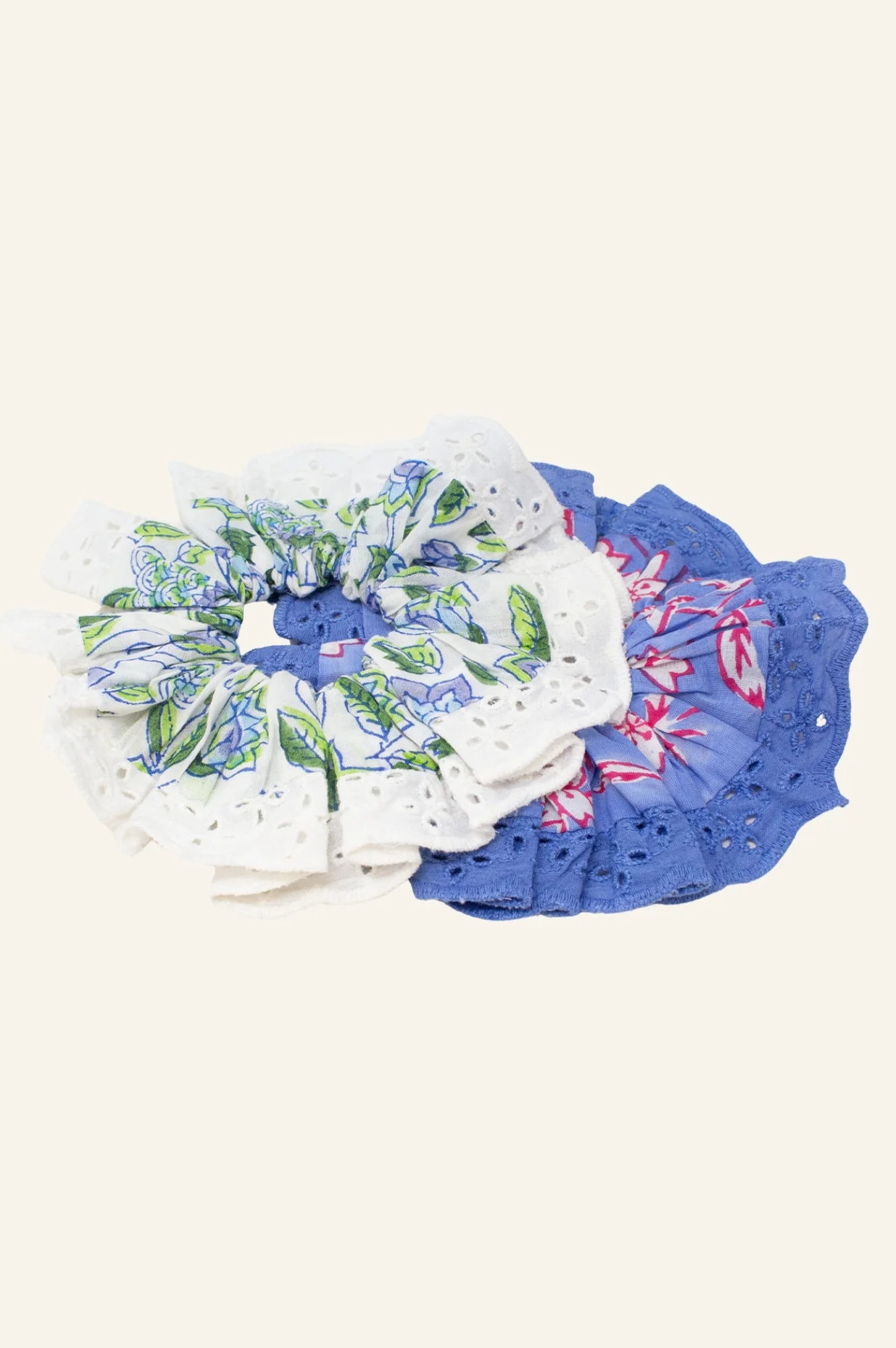 Block Print Lace Trim Scrunchie | Japanese Flower Marina Blue