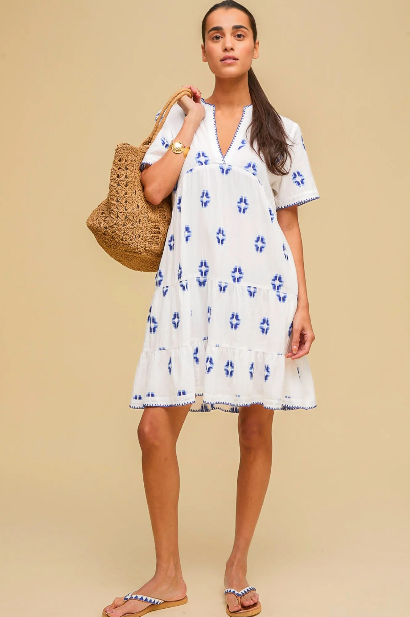 India Embroidered Organic Cotton Dress | White/Blue