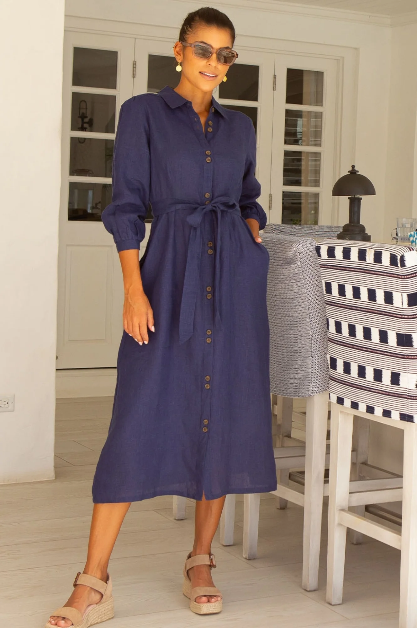 Linen Shirt Dress | Navy