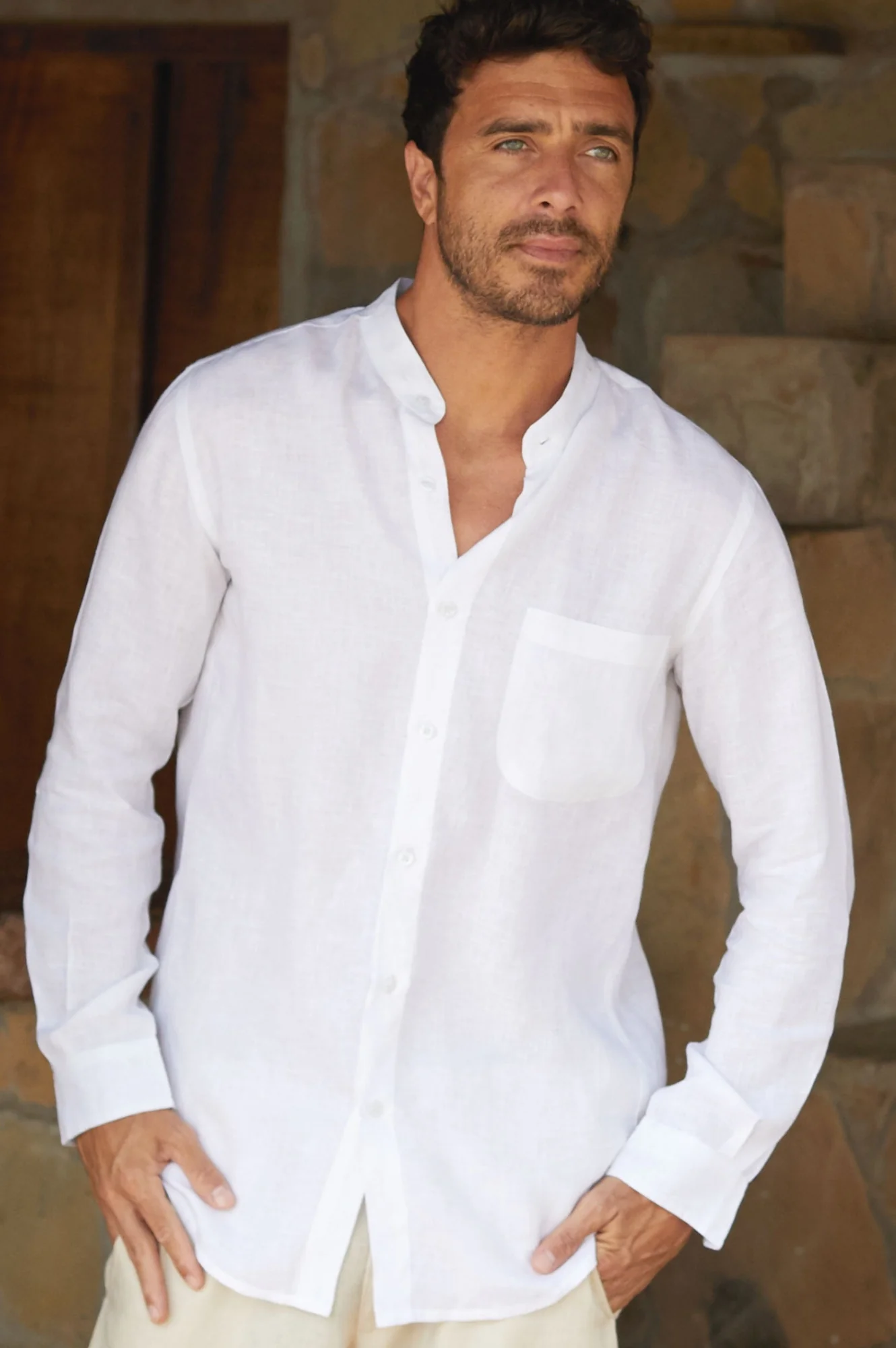 Men's Nehru Collar Linen Shirt | White