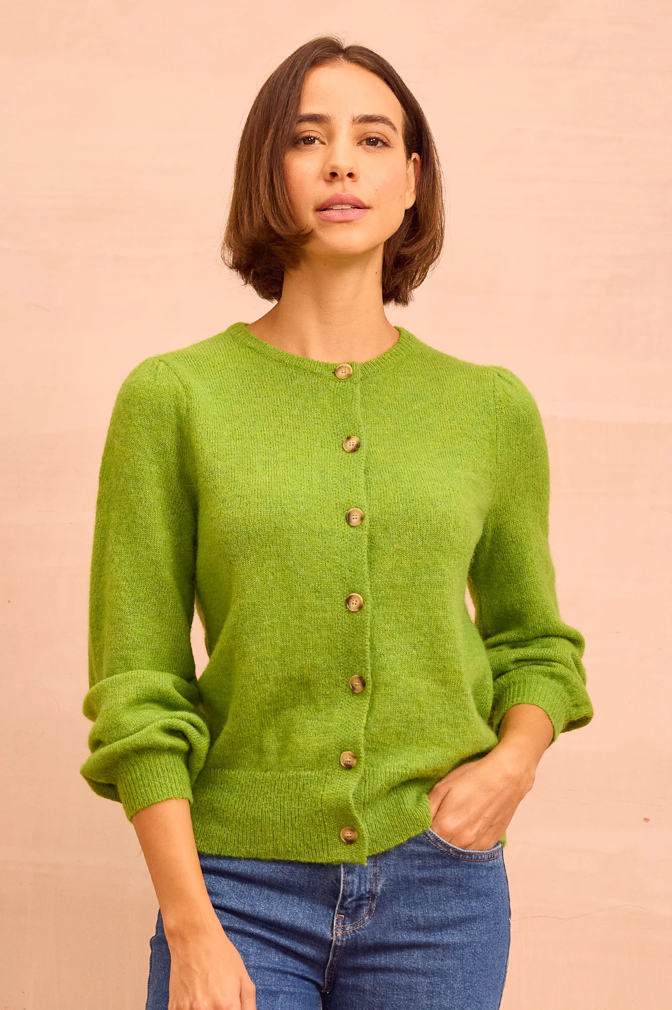 Alpaca Blend Puff Sleeve Cardigan | Green