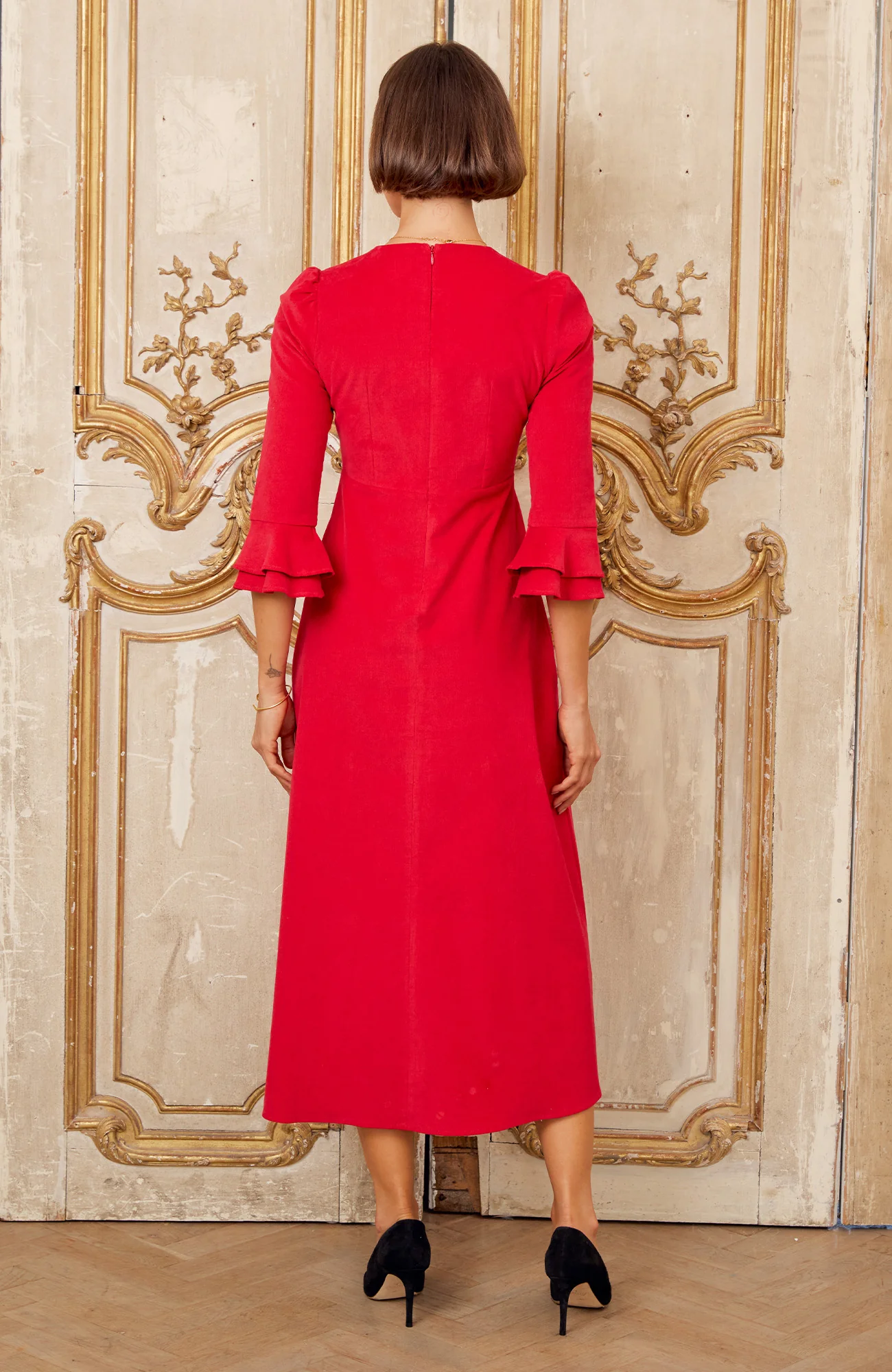 Jocelyn V-Neck 3/4 Sleeve Stretch Corduroy Dress | Red