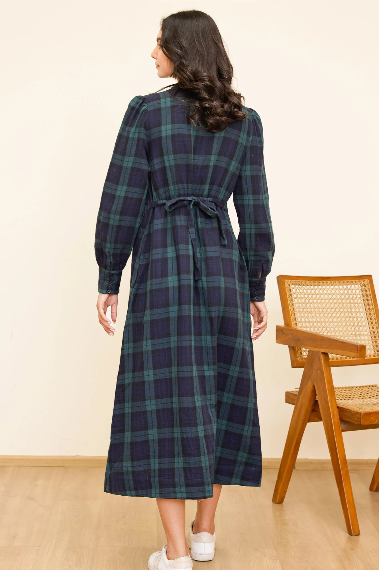 Harper Checked Double Cloth Organic Cotton Dress | Navy/Green