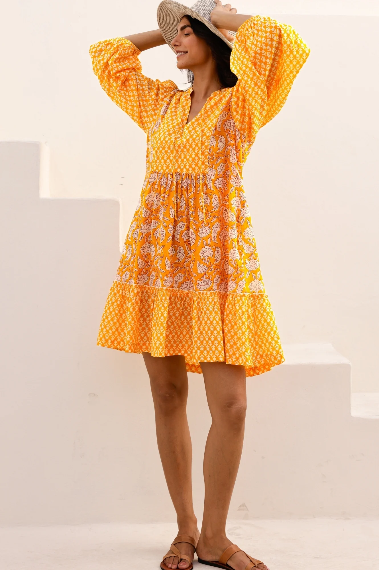 Marina Organic Cotton Print Mix Dress | Dianthus Print Yellow/White