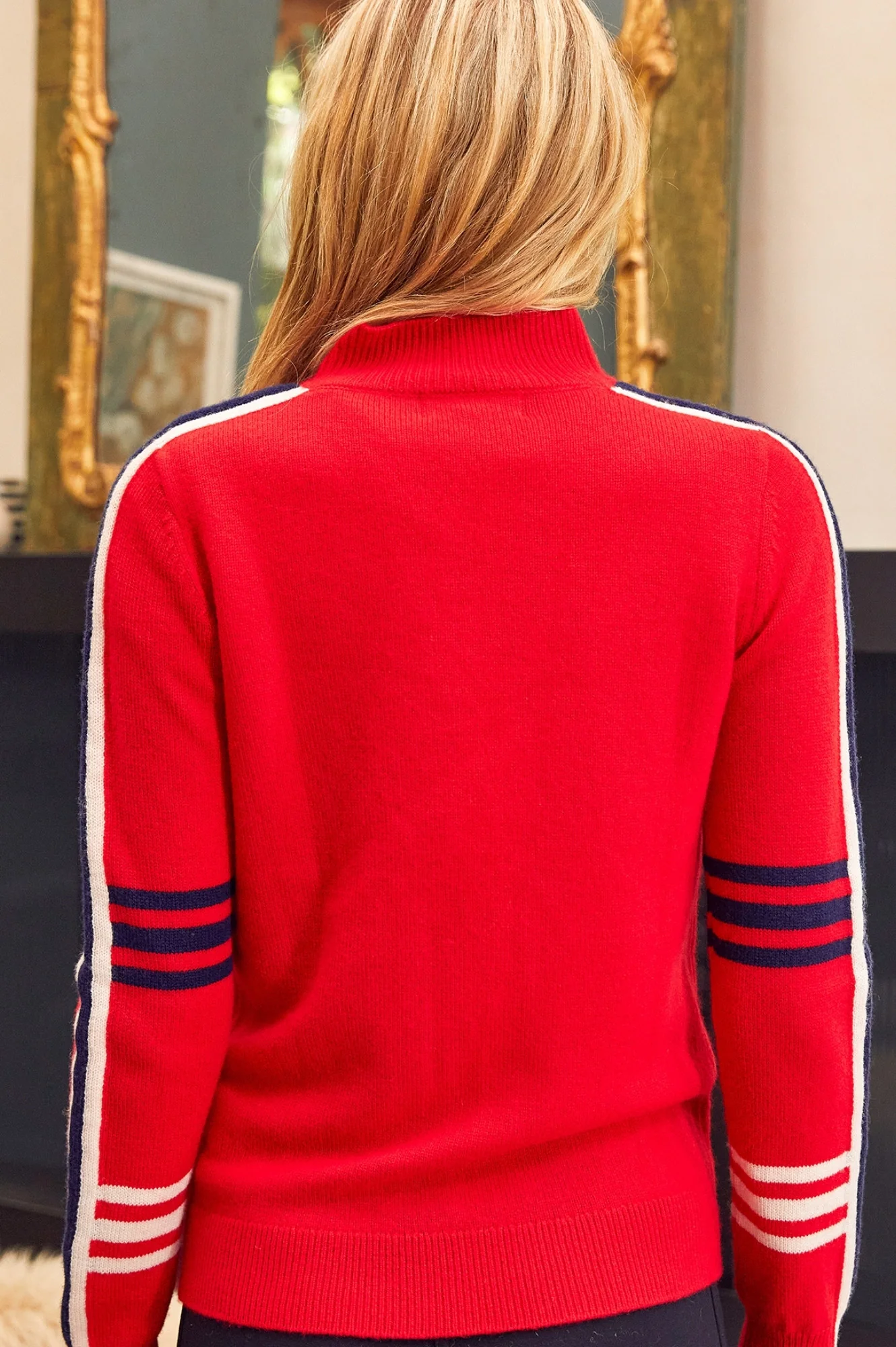 Merino Wool Stripe Hearts Quarter Zip | Red/Navy/Cream
