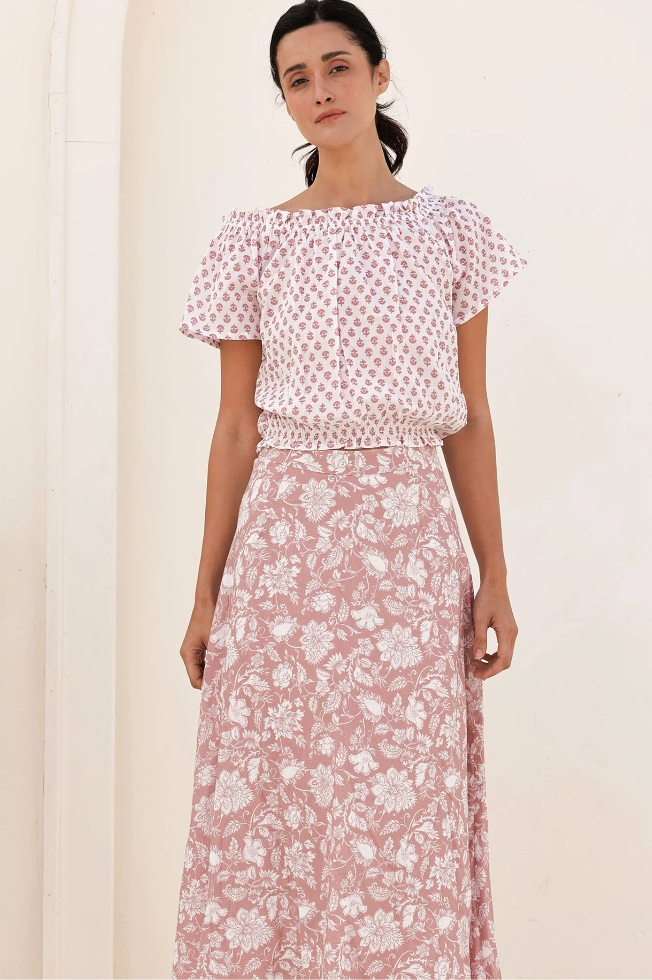 Ilana Printed Organic Cotton Top | Lixus Flower White/Dusty Pink