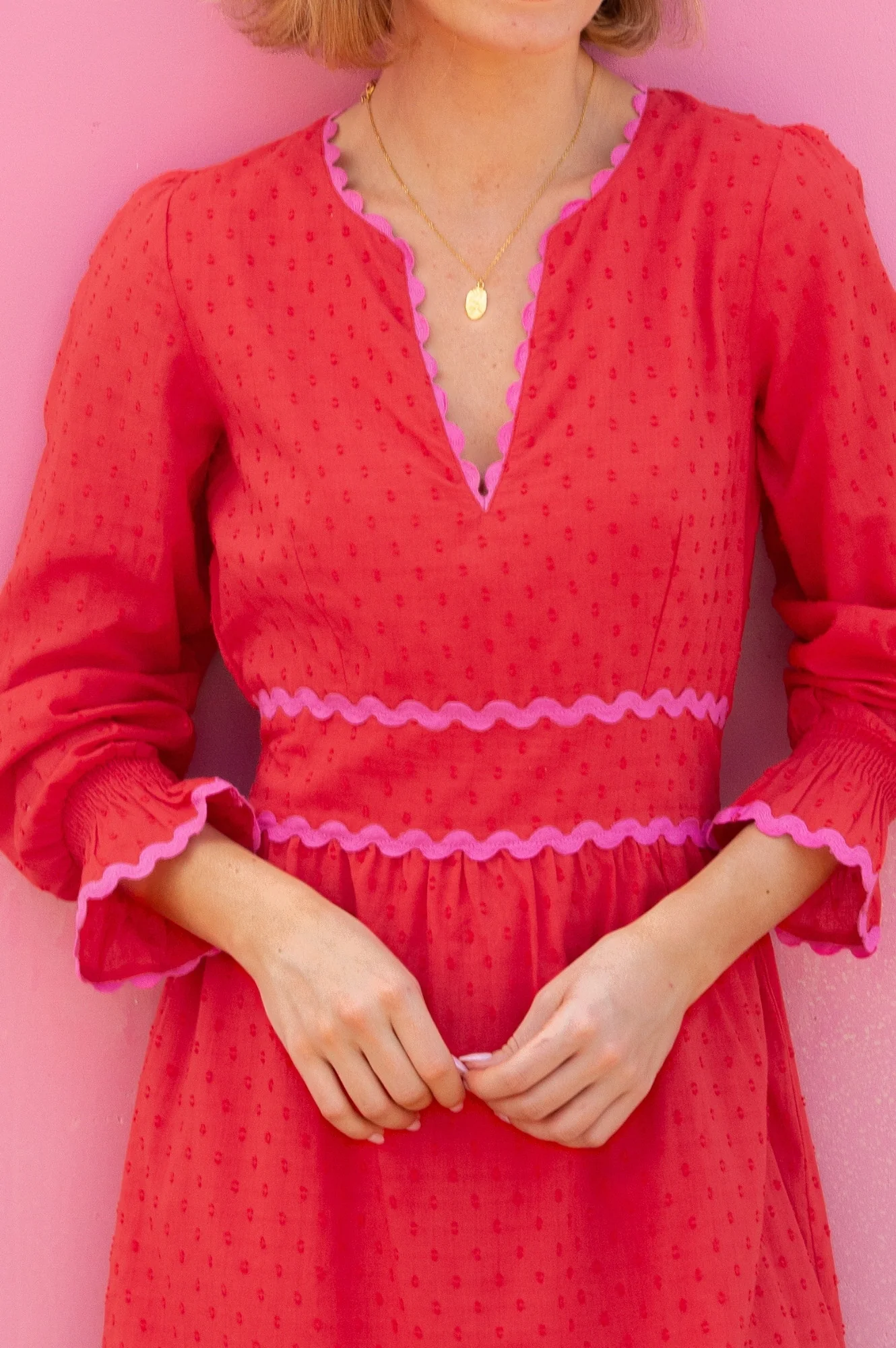 Short Purdie Organic Cotton Ric Rac Dobby Dress | Red/Pink