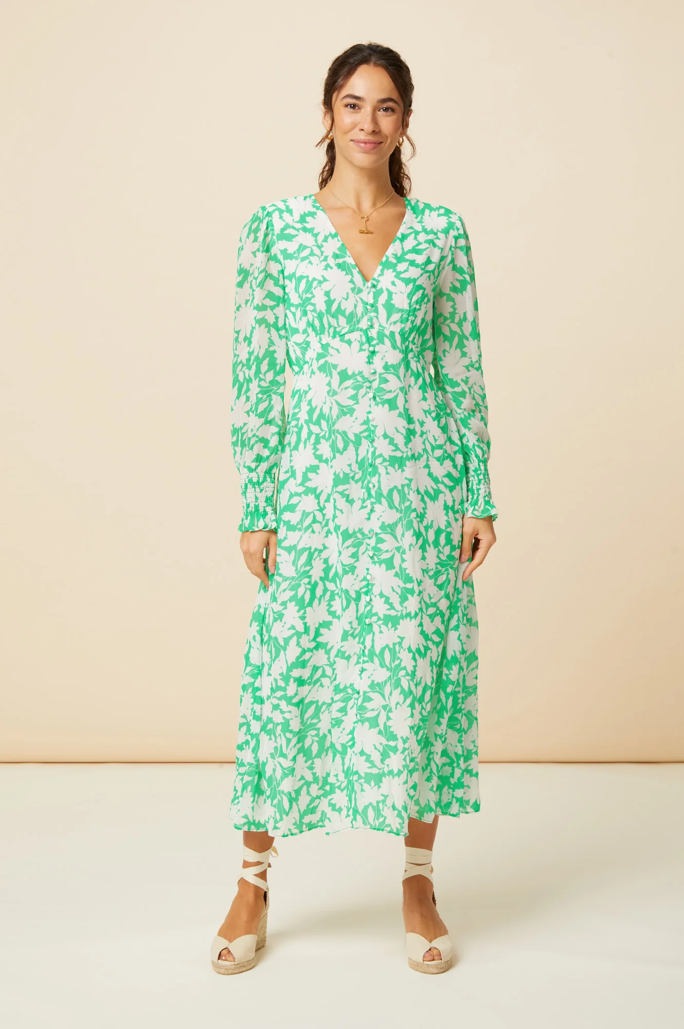 Long Sleeve Sally Anne Dress | Green/Ivory