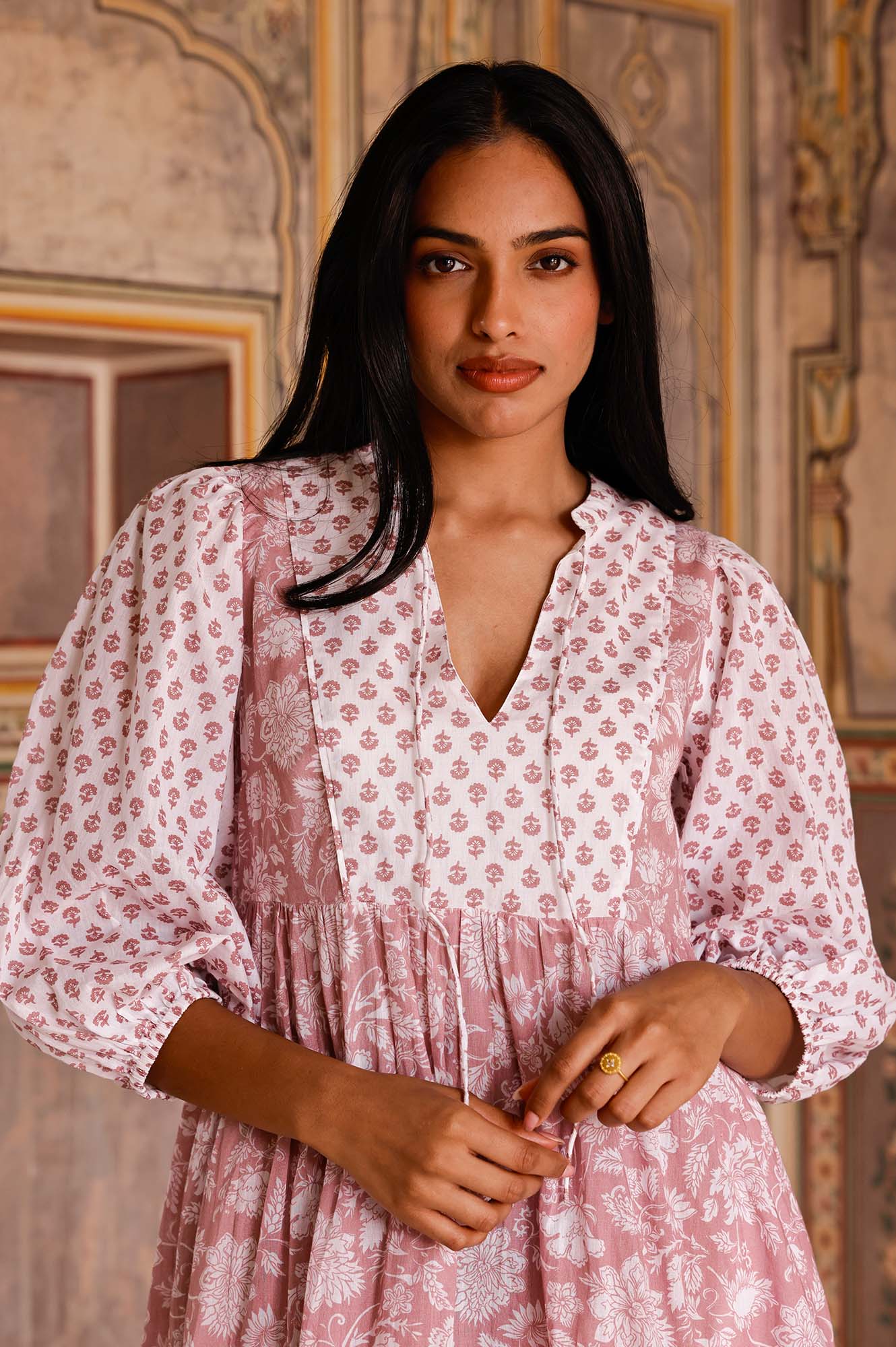 Marina Organic Cotton Print Mix Dress | Blossom Print Dusty Pink/White