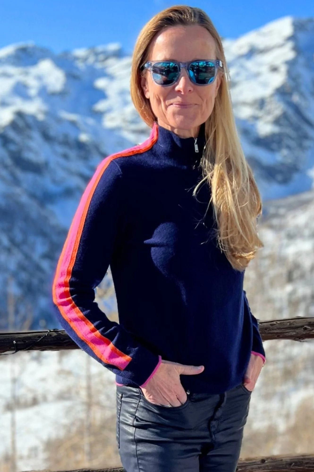 Merino Wool Overarm Stripe Quarter Zip Jumper | Navy/Pink/Orange