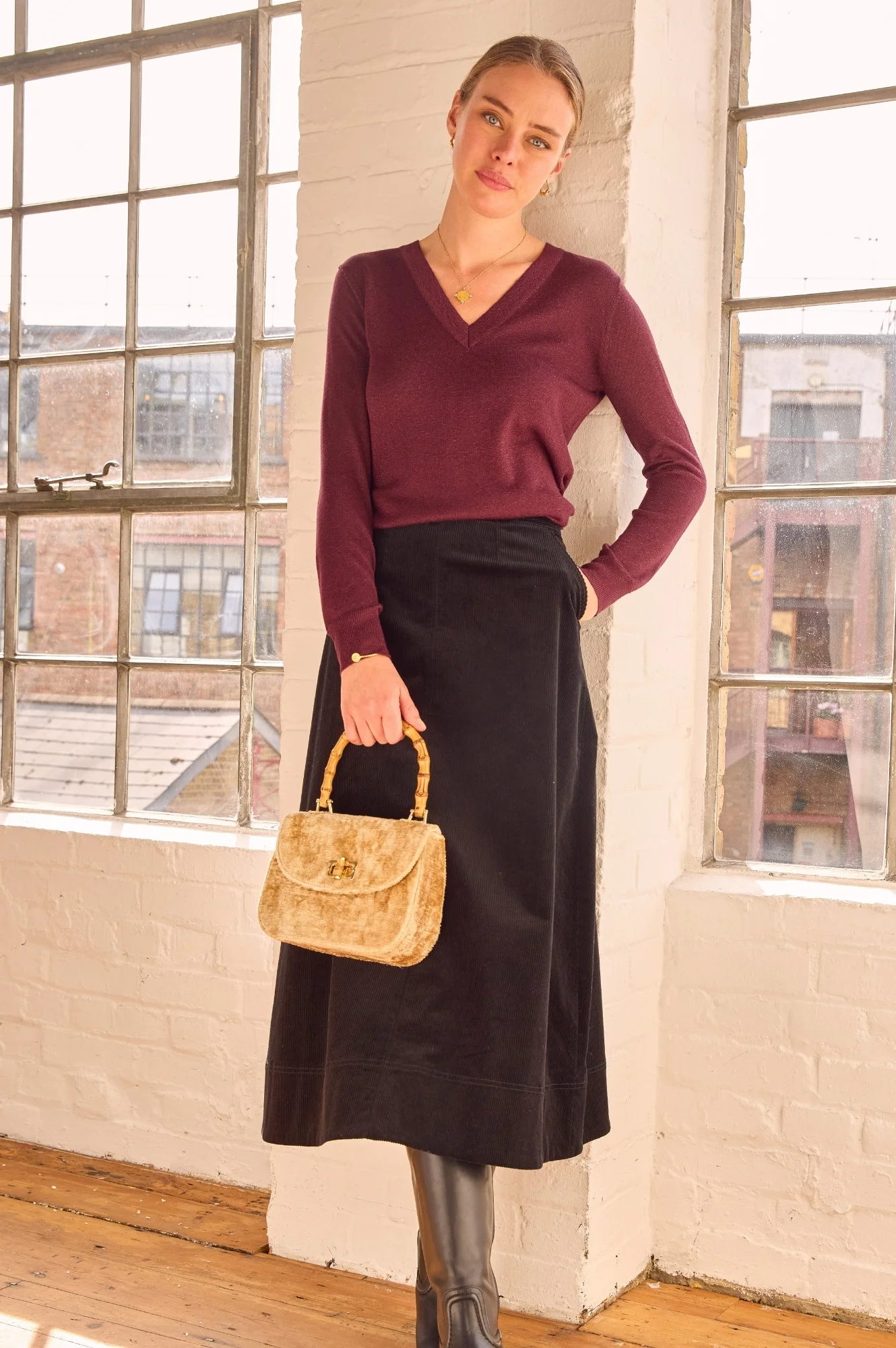 Caro A-Line Cord Skirt | Black