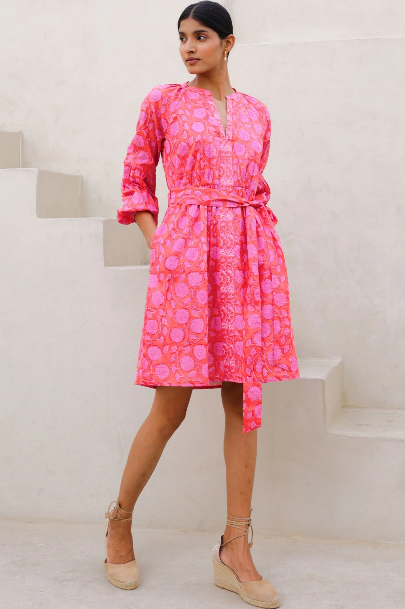 Cara Organic Cotton Block Print Short Dress | Mara Red/Pink