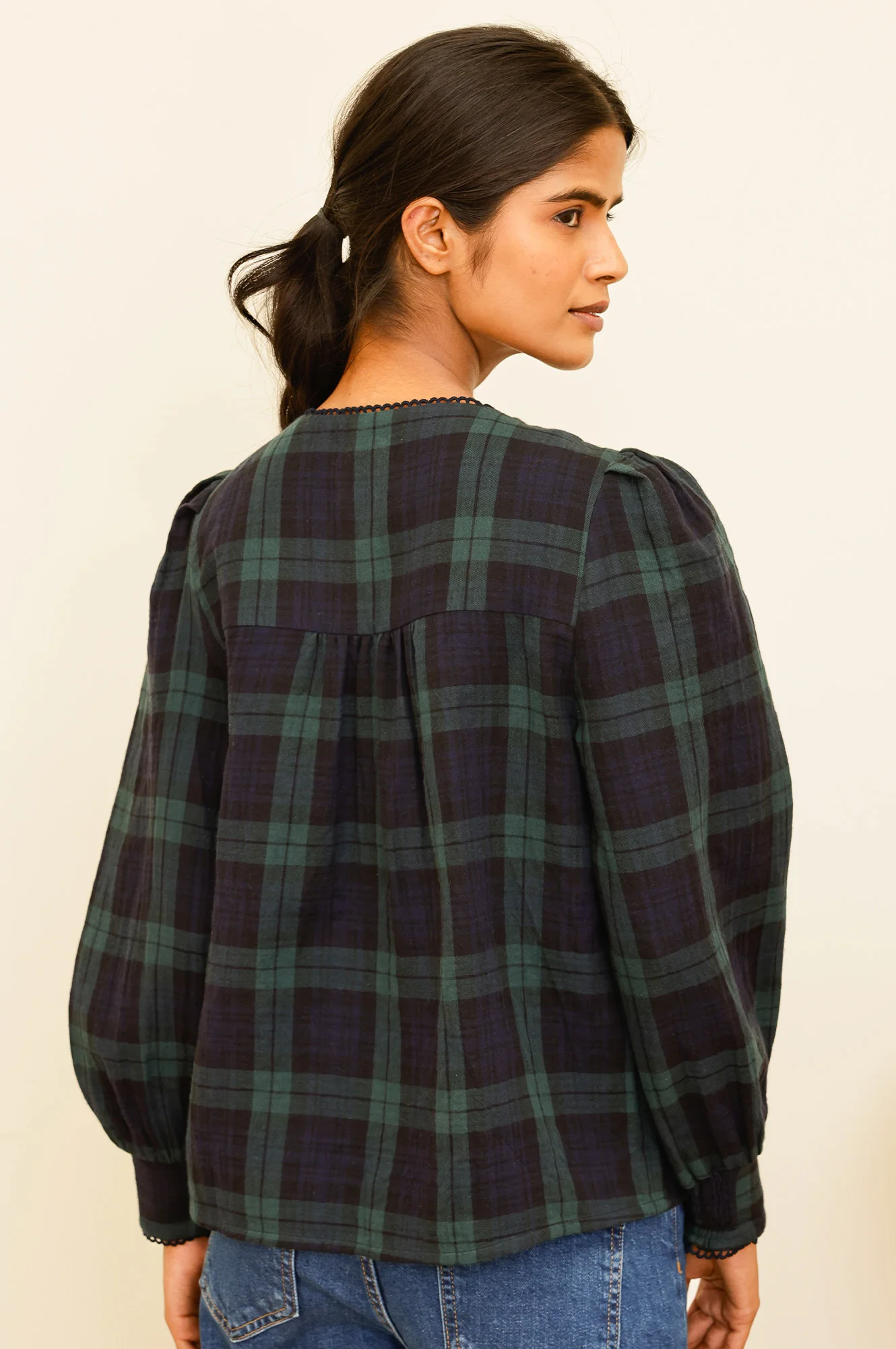 Checked Double Cloth Organic Cotton Blouse | Navy/Green