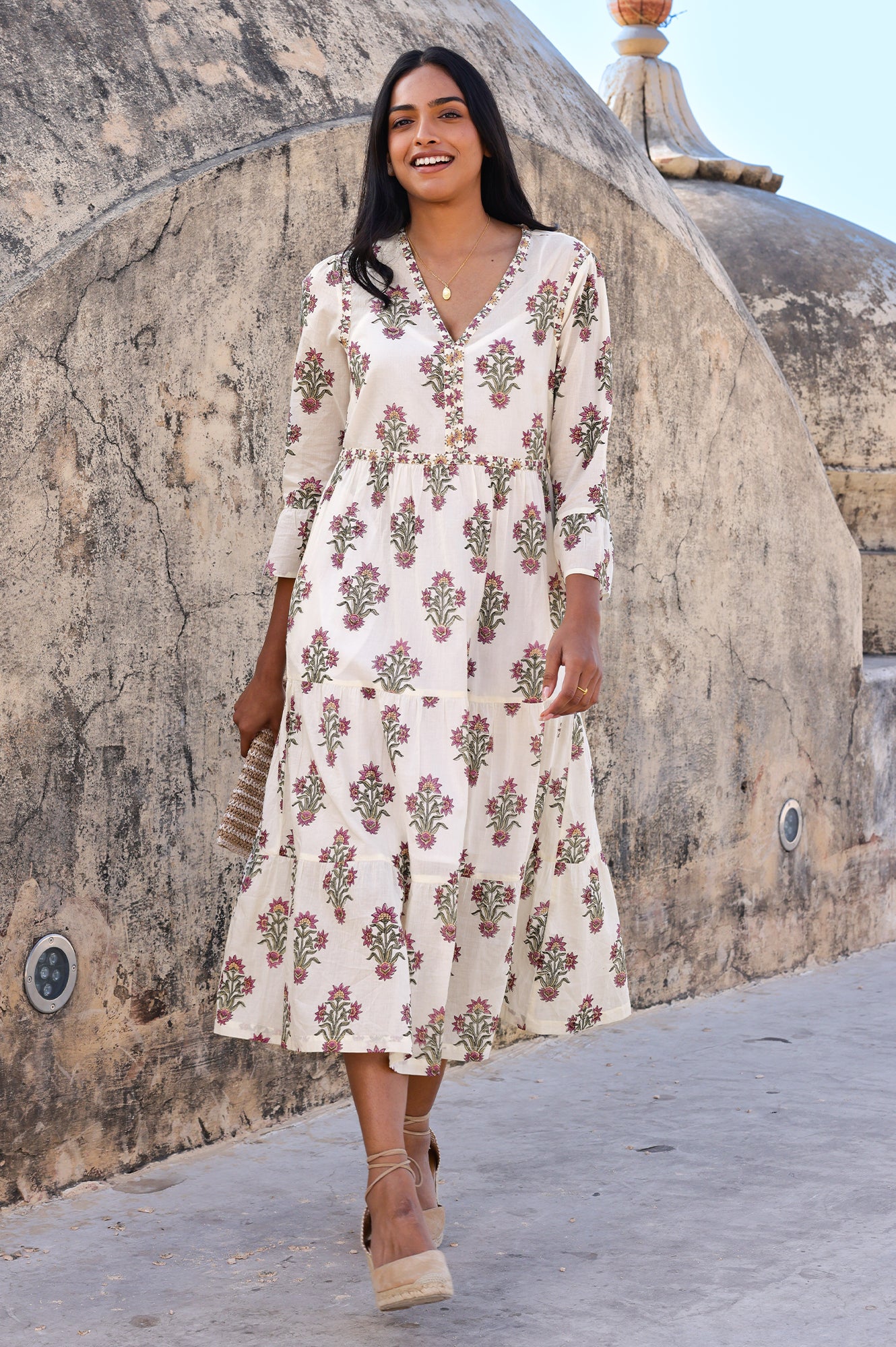 Hayden Organic Cotton Block Print Dress | Antique Wildflower Cream/Red/Green