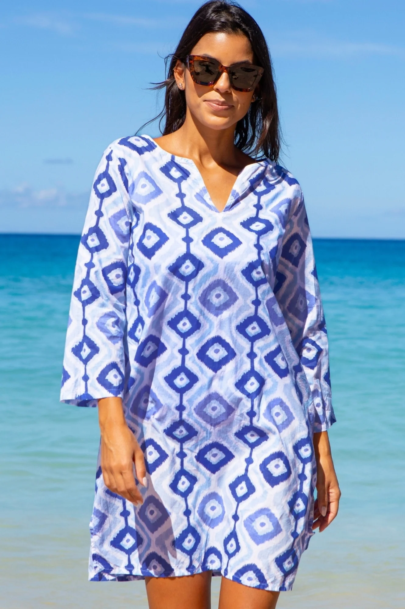Guadalupe Organic Cotton Short Tunic | Diamond Ikat Blue/White