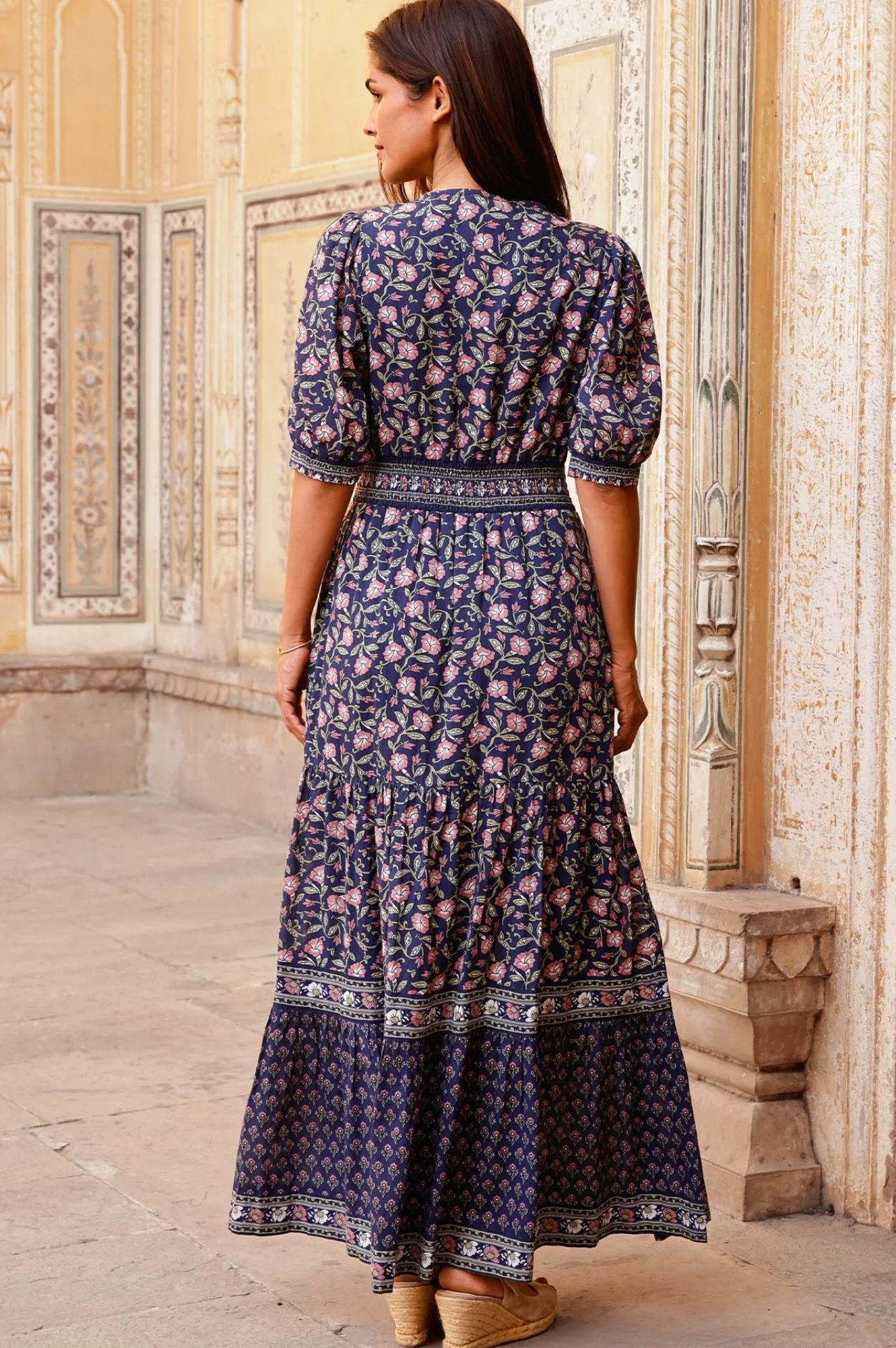 Billie Short Sleeve Organic Cotton Dress | Primrose Stamp Navy/Pink