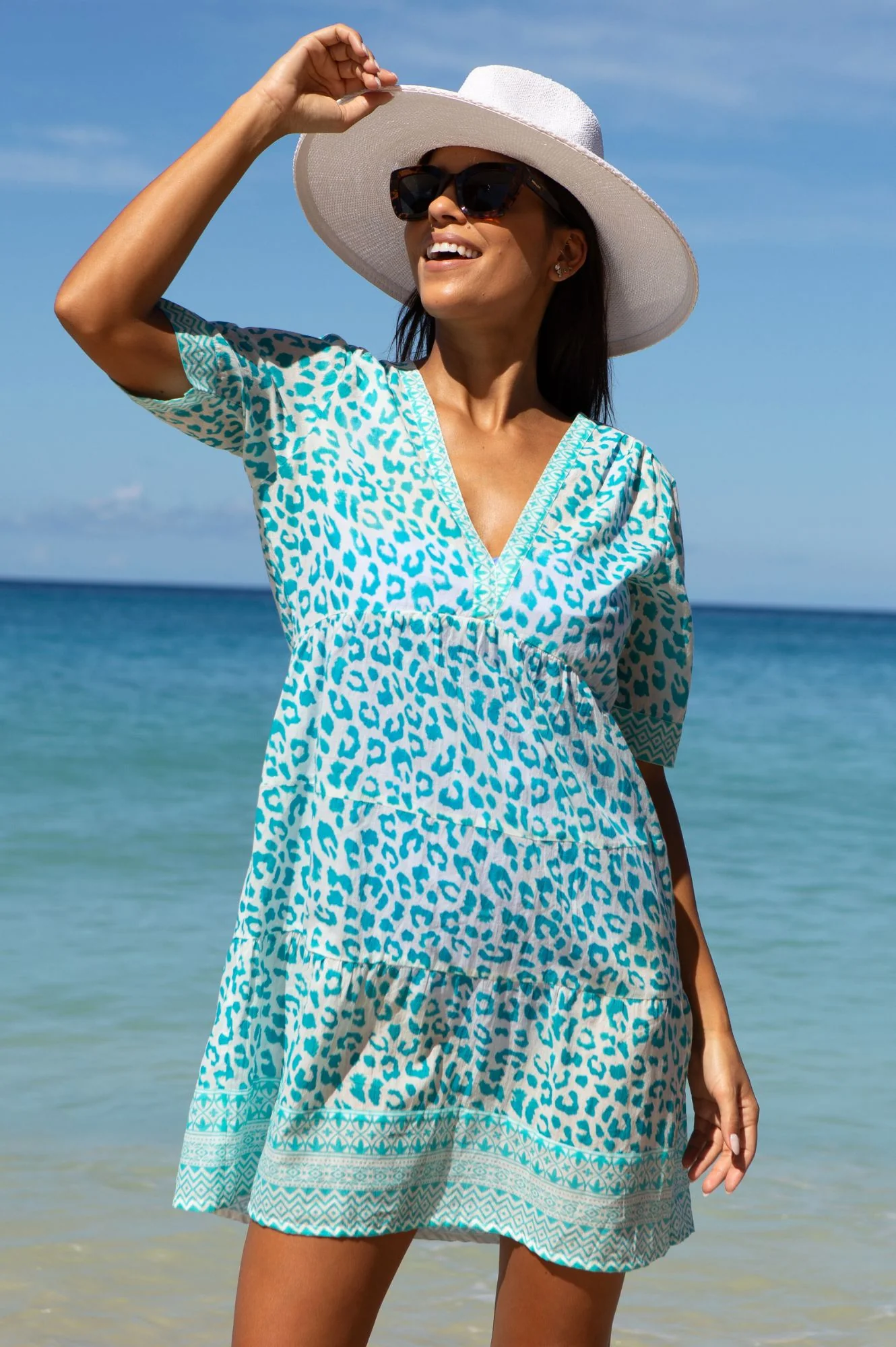 Santorini Cotton Kaftan | Soft Cheetah White/Turquoise