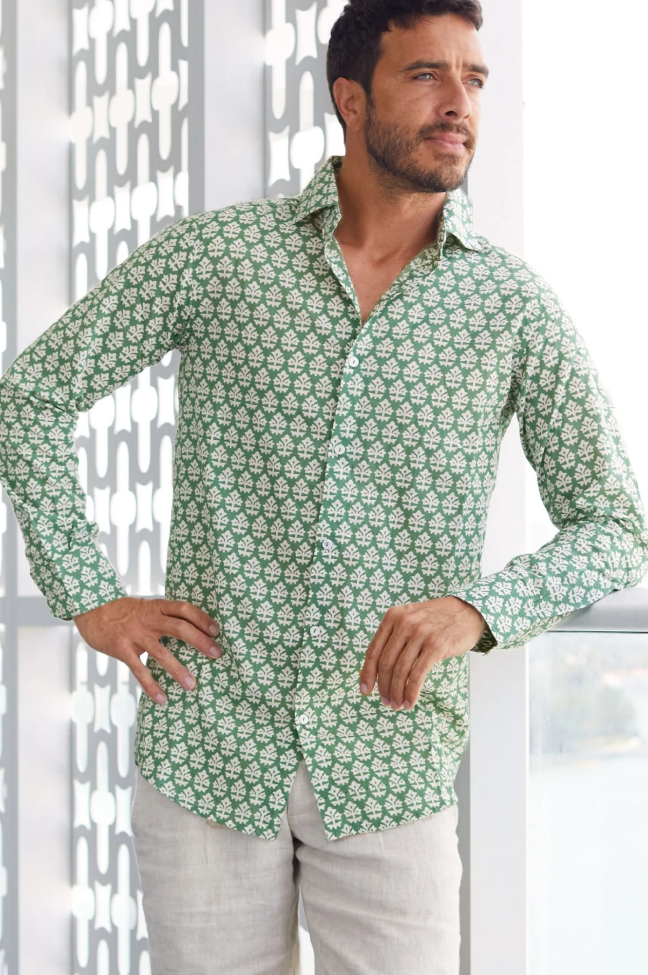 Men's Printed Cotton Shirt | Batik Khaki