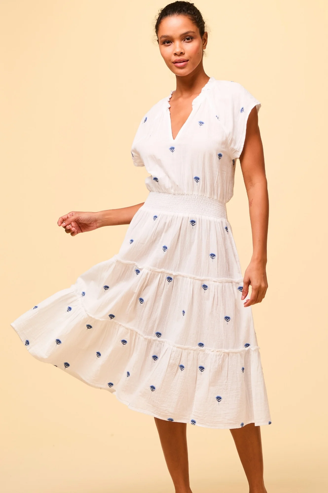 Riley Embroidered Organic Cotton Dress | White/Blue