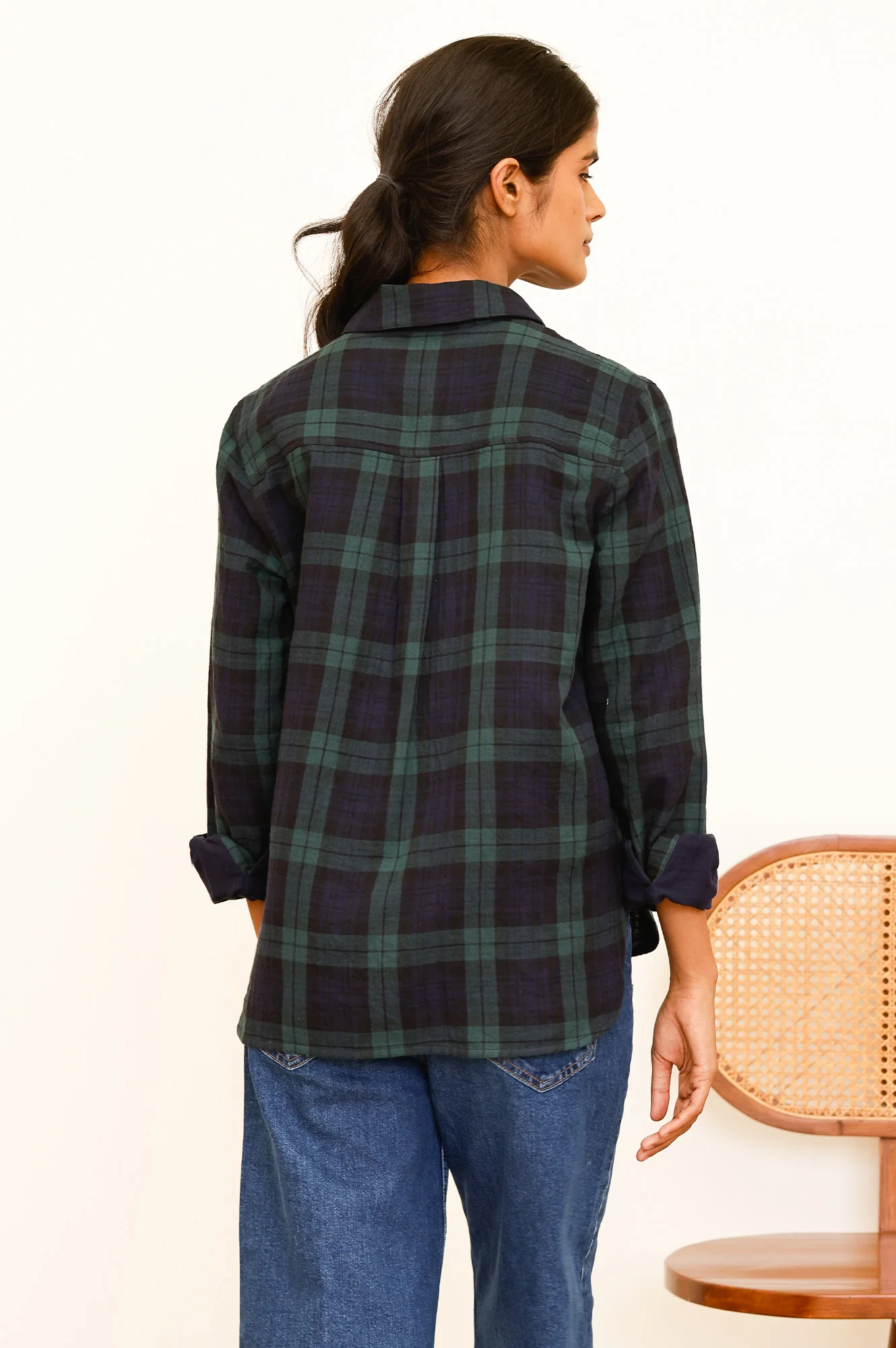 Mel Checked Double Cloth Organic Cotton Shirt | Navy/Green